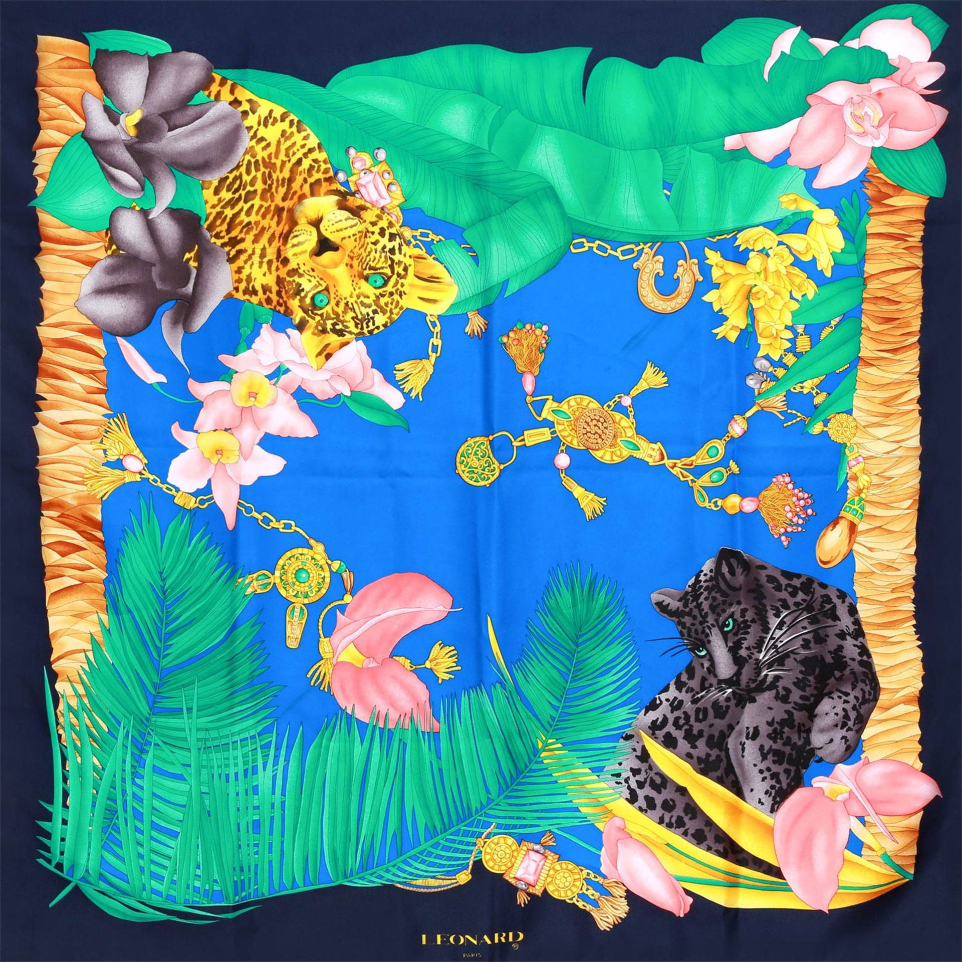 LEONARD Seidencarré. 100% Seide, farbenfrohes Motiv mit Panthern und floralen Mustern auf - Bild 3 aus 3
