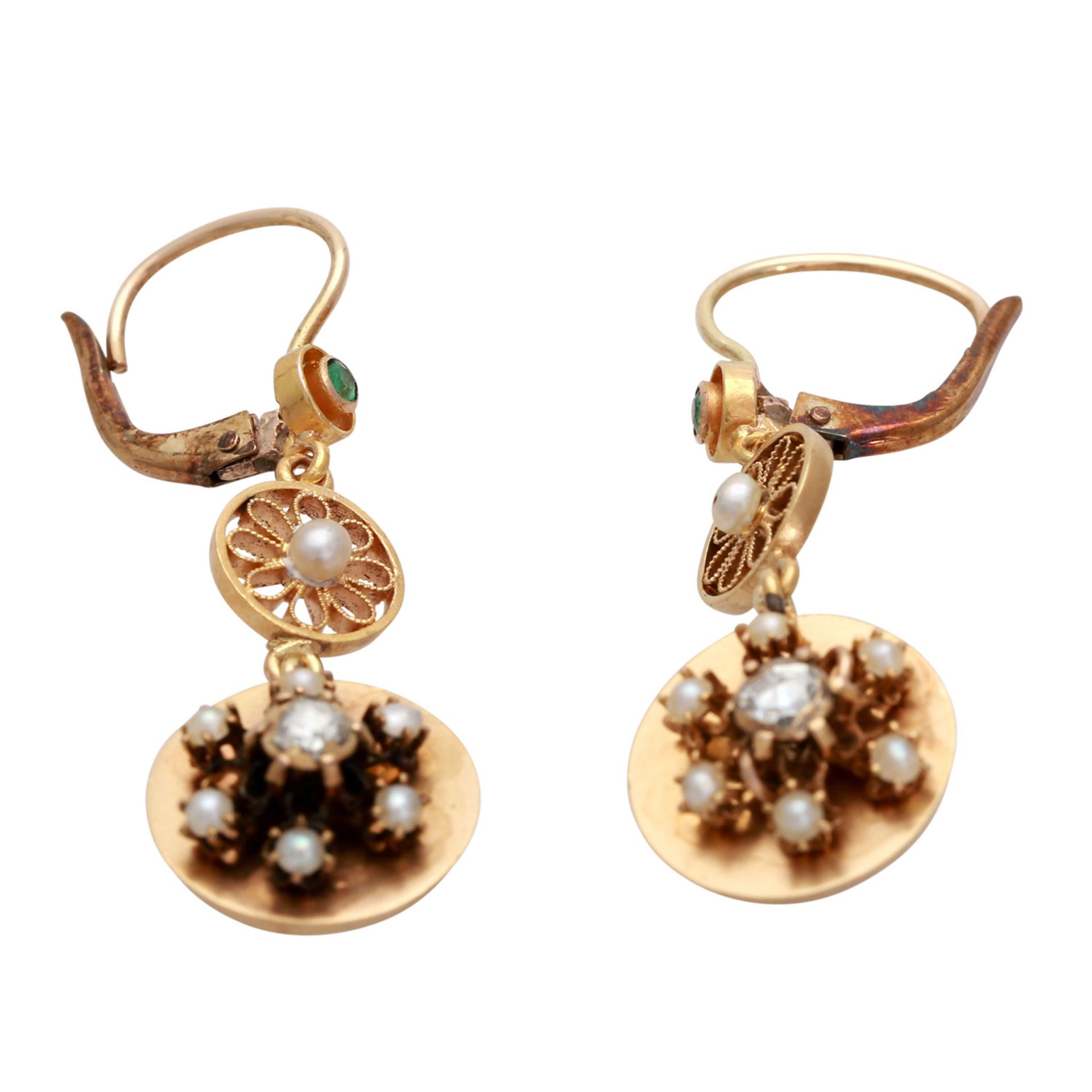 Ohrhänger mit je 1 Diamantrose, 1 Smaragd und 1 Perle, sowie 6 Halbperlen, Roségold 14K, filigrane - Bild 2 aus 4