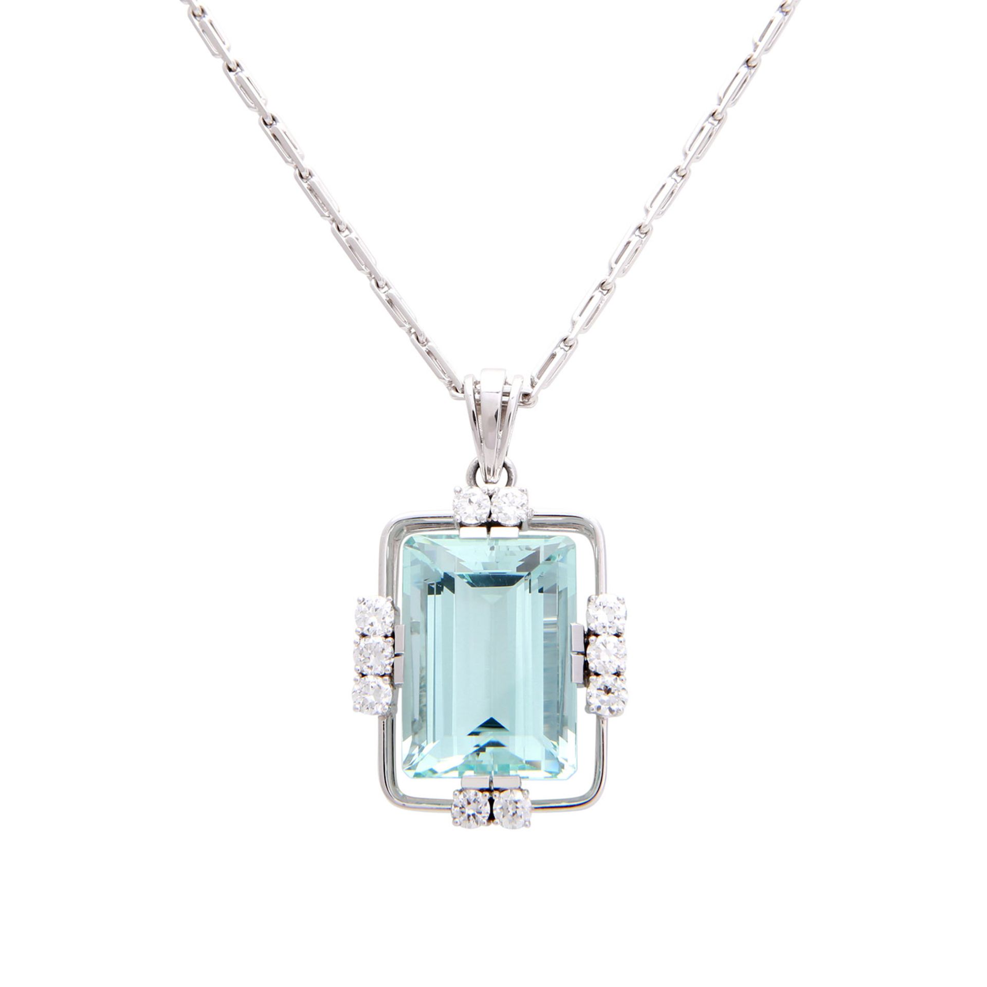 Weißgoldcollier mit Aquamarin und Diamanten, 1 feiner Aquamarin im Treppenschliff von ca. 30 ct., - Bild 2 aus 6