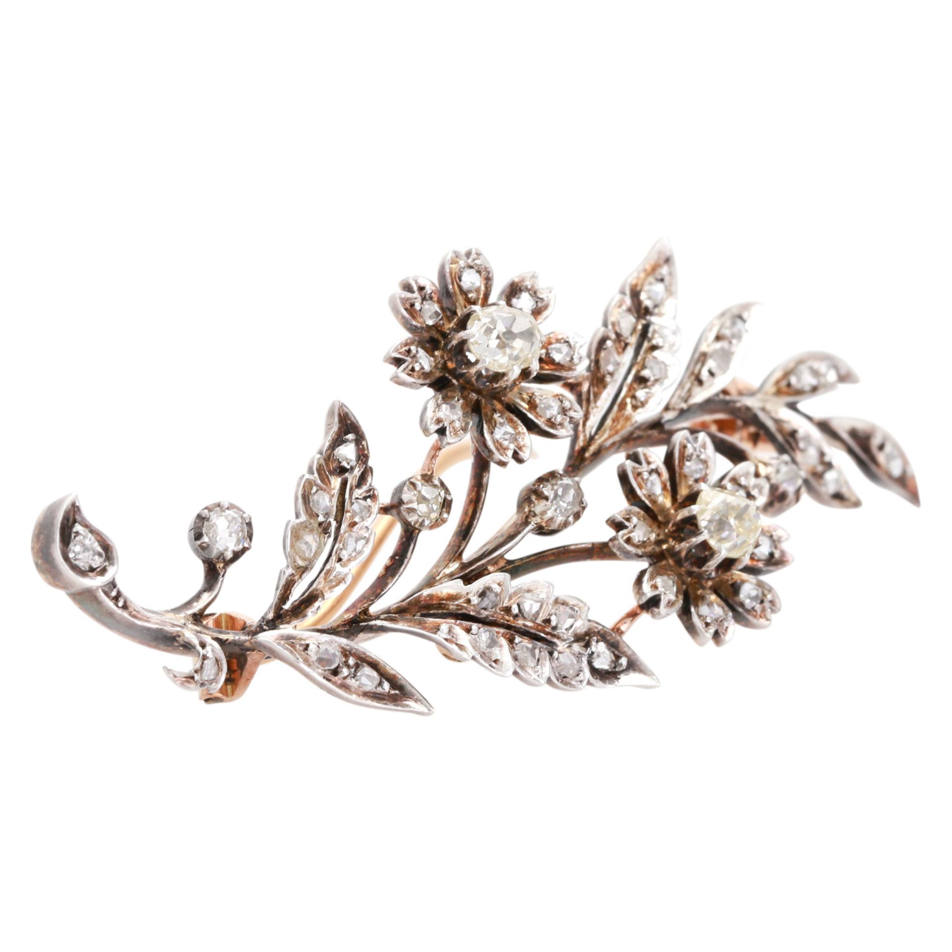 Blütenzweigbrosche mit Diamantbesatz darunter Altschliffdiam. und Diamantrosen zus. ca. 1,1 ct von - Bild 2 aus 4