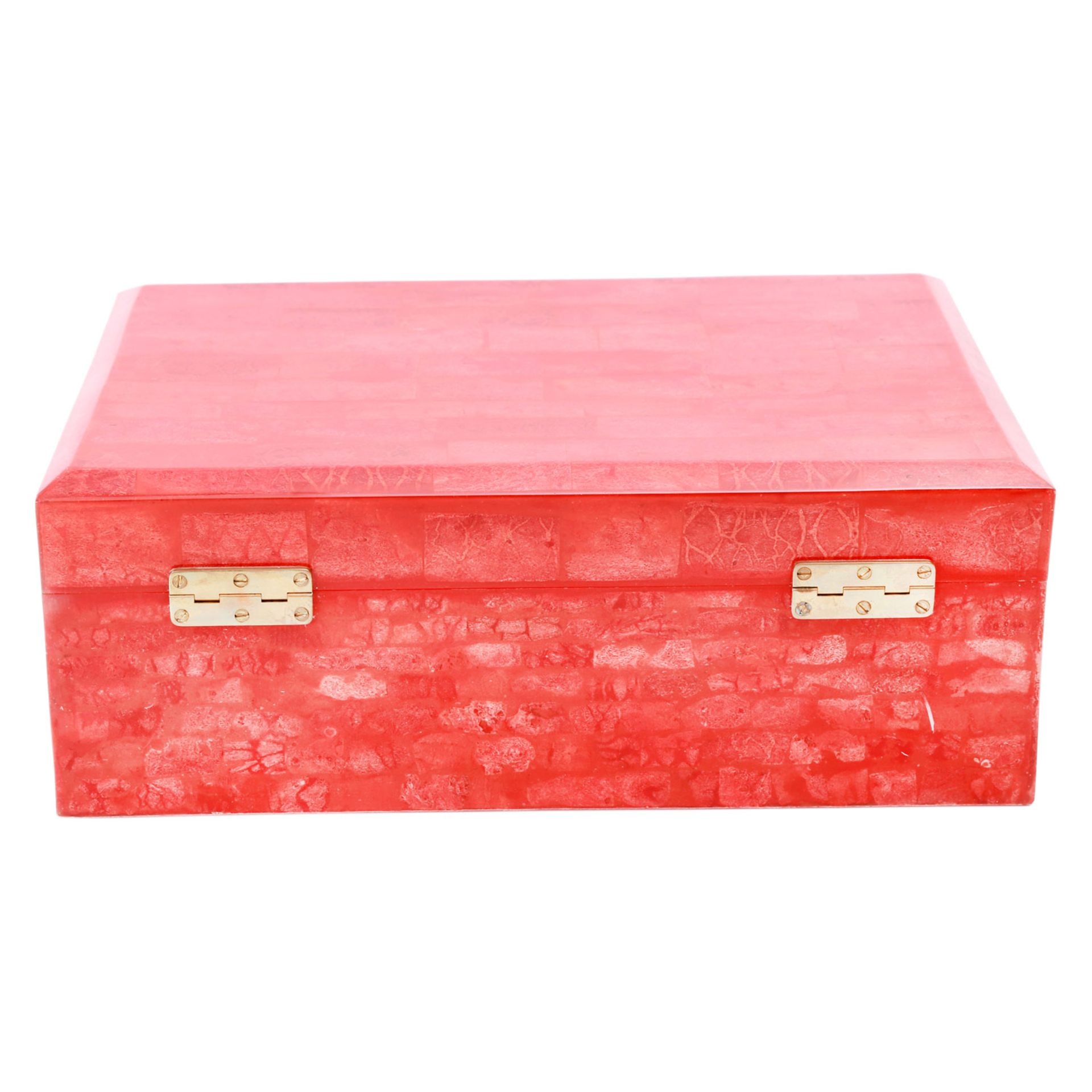 Schmuckkassette. Große Box in Hochglanzlack Rot, marmoriertes Design, rotes Innenfutter, - Bild 4 aus 6