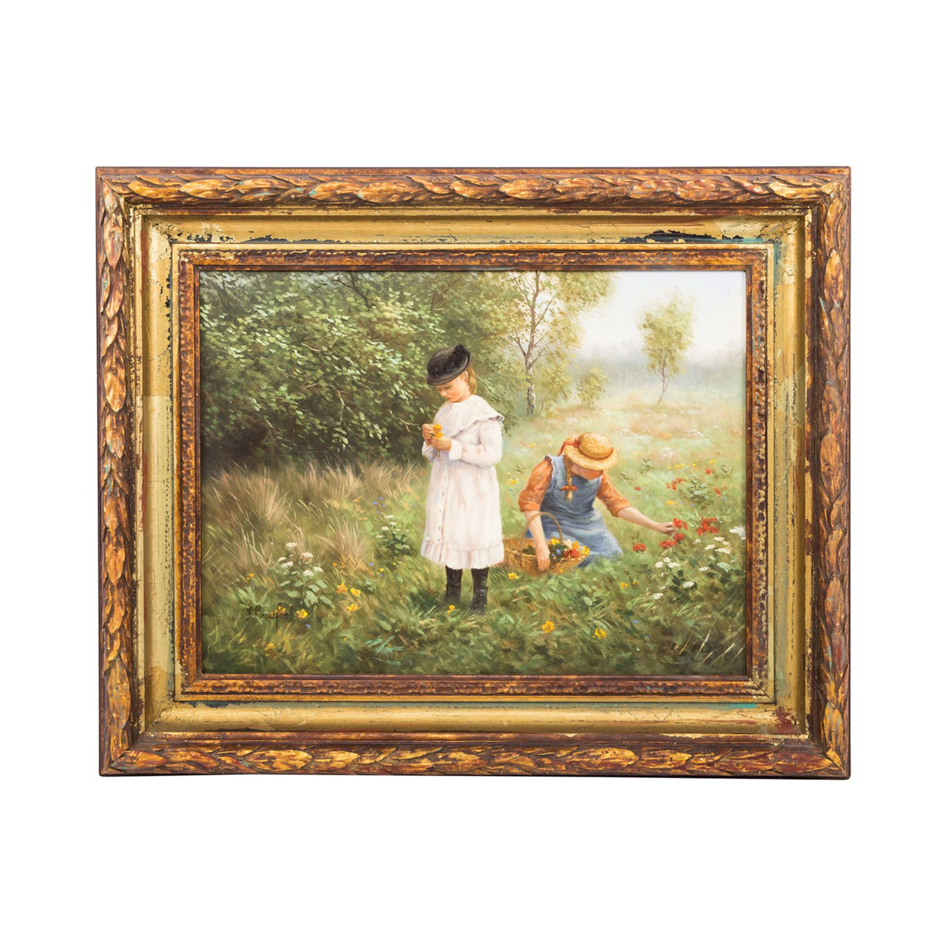 BEAUFORT, J. (Maler 20. Jh.), "Kinder beim Blumenpflücken auf einer Waldwiese", u.li. sign., Öl - Bild 2 aus 4
