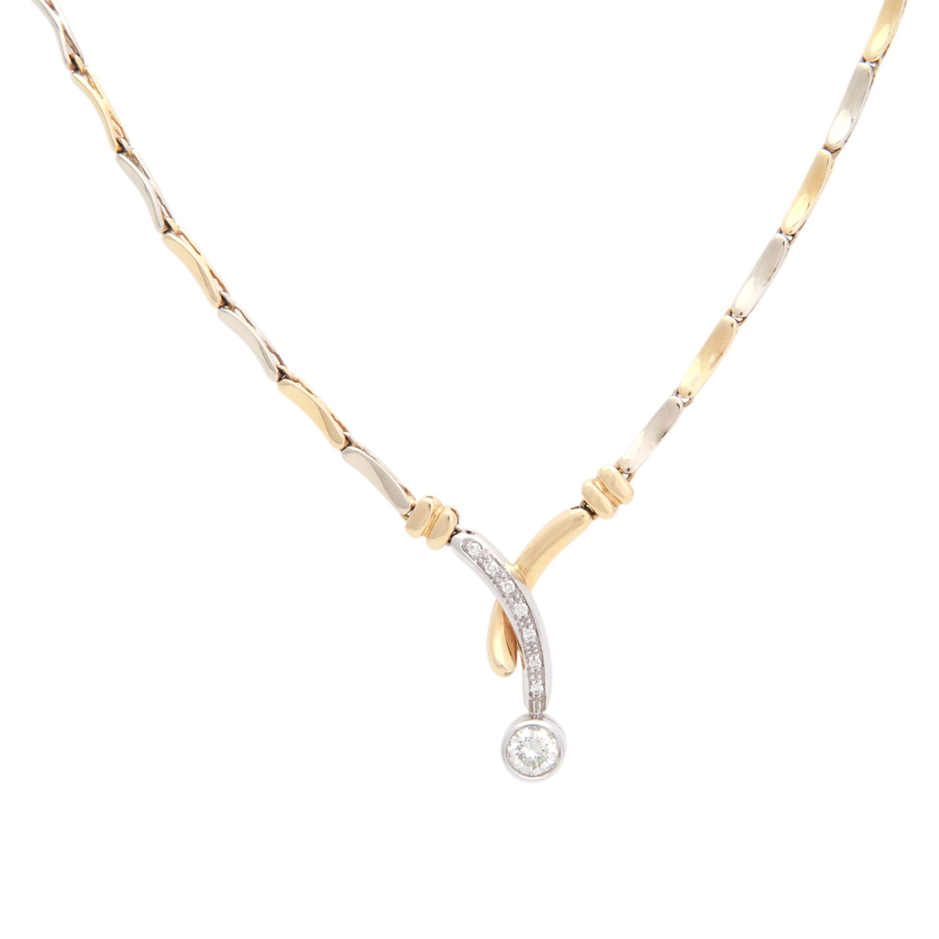 Goldcollier mit Diamanten, zentral 1 Brillant von ca. 0,6 ct., SI, GW (K - L), 7 kleine Diamanten im - Bild 2 aus 4