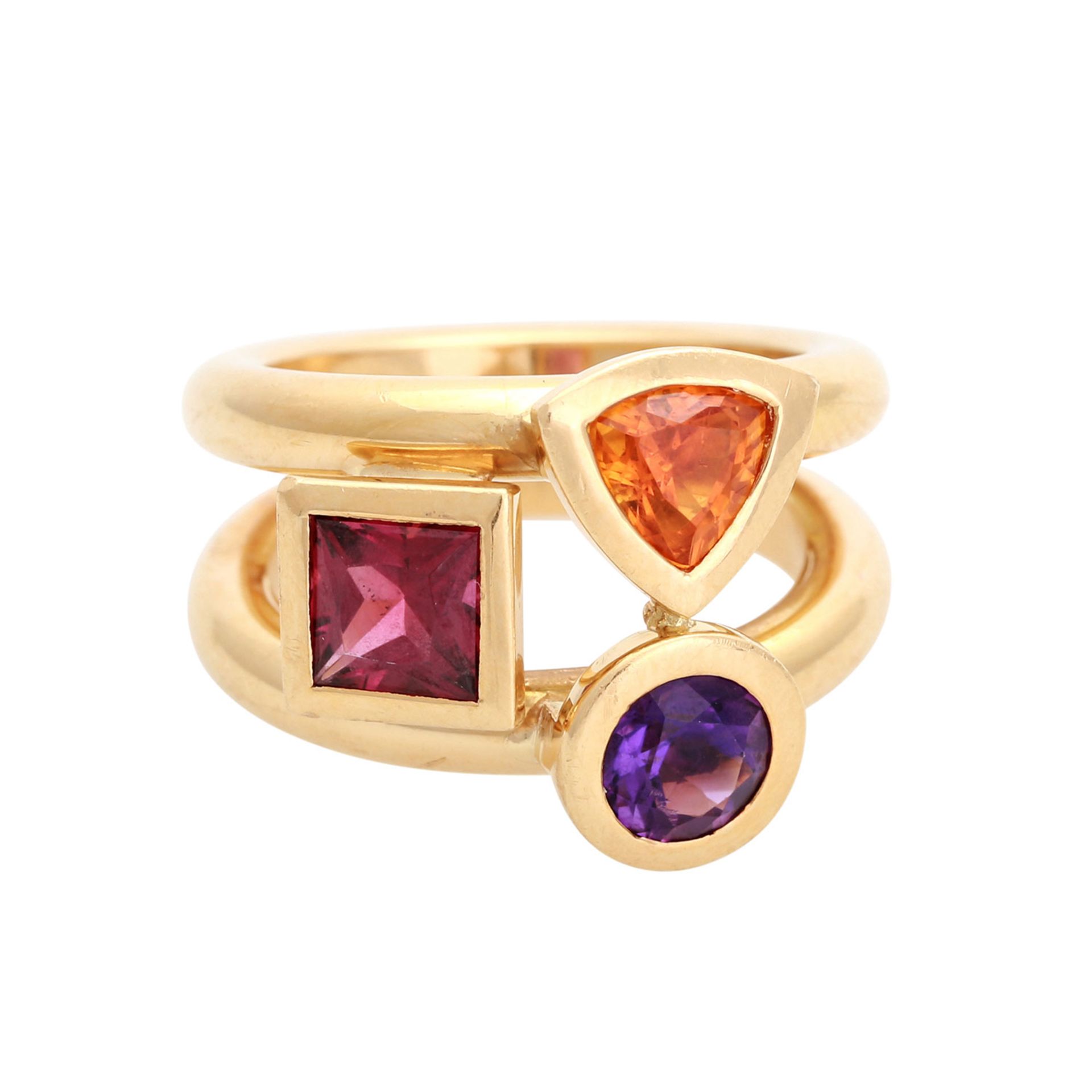 Ring mit 3 facettierten Farbsteinen, 1 Citrintriangel, 1 Amethyst rund, 1 Turmalincarré, in