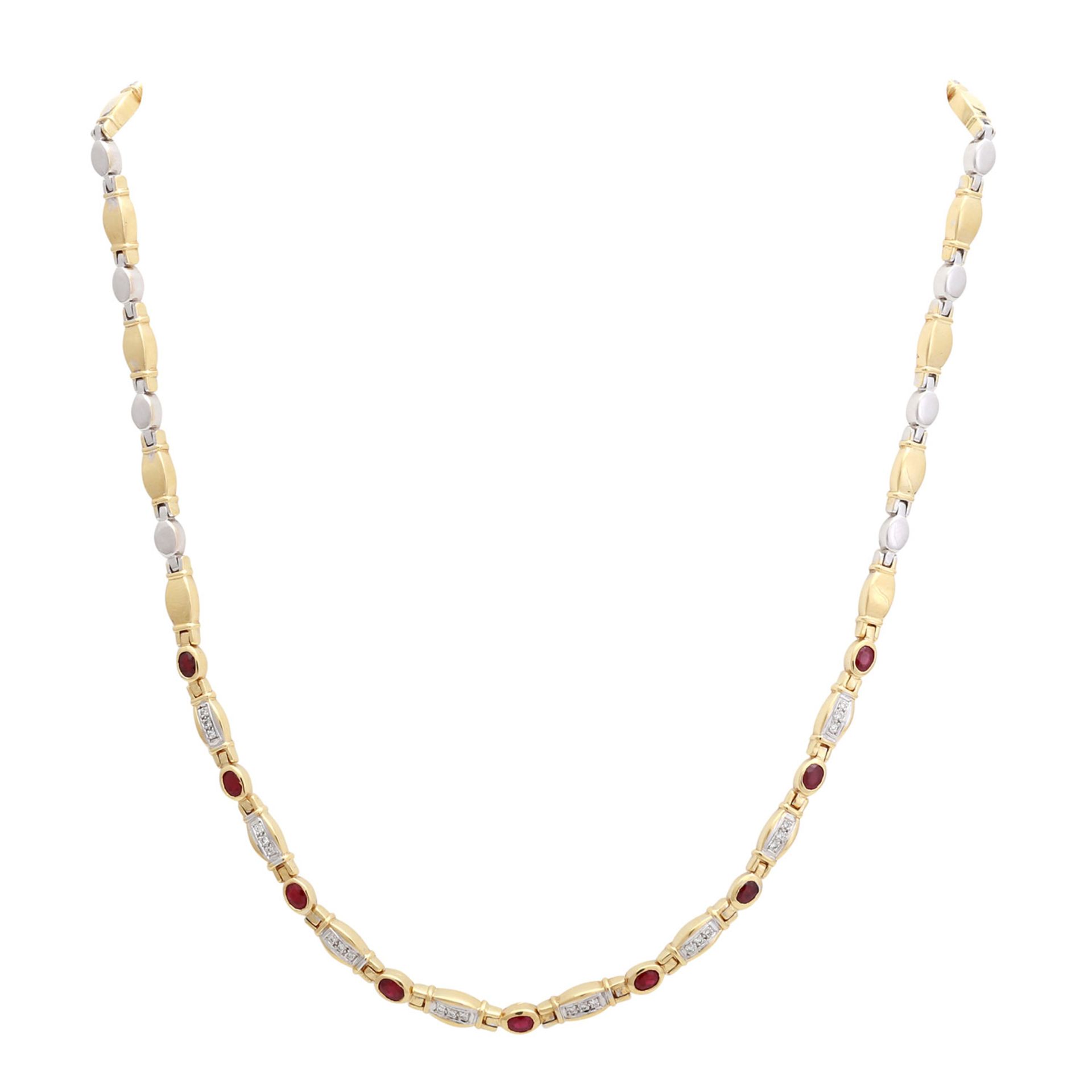 Collier, besetzt mit Rubinen und Diamanten, GG / WG 18K, L: 45 cm, Gebrauchsspuren.