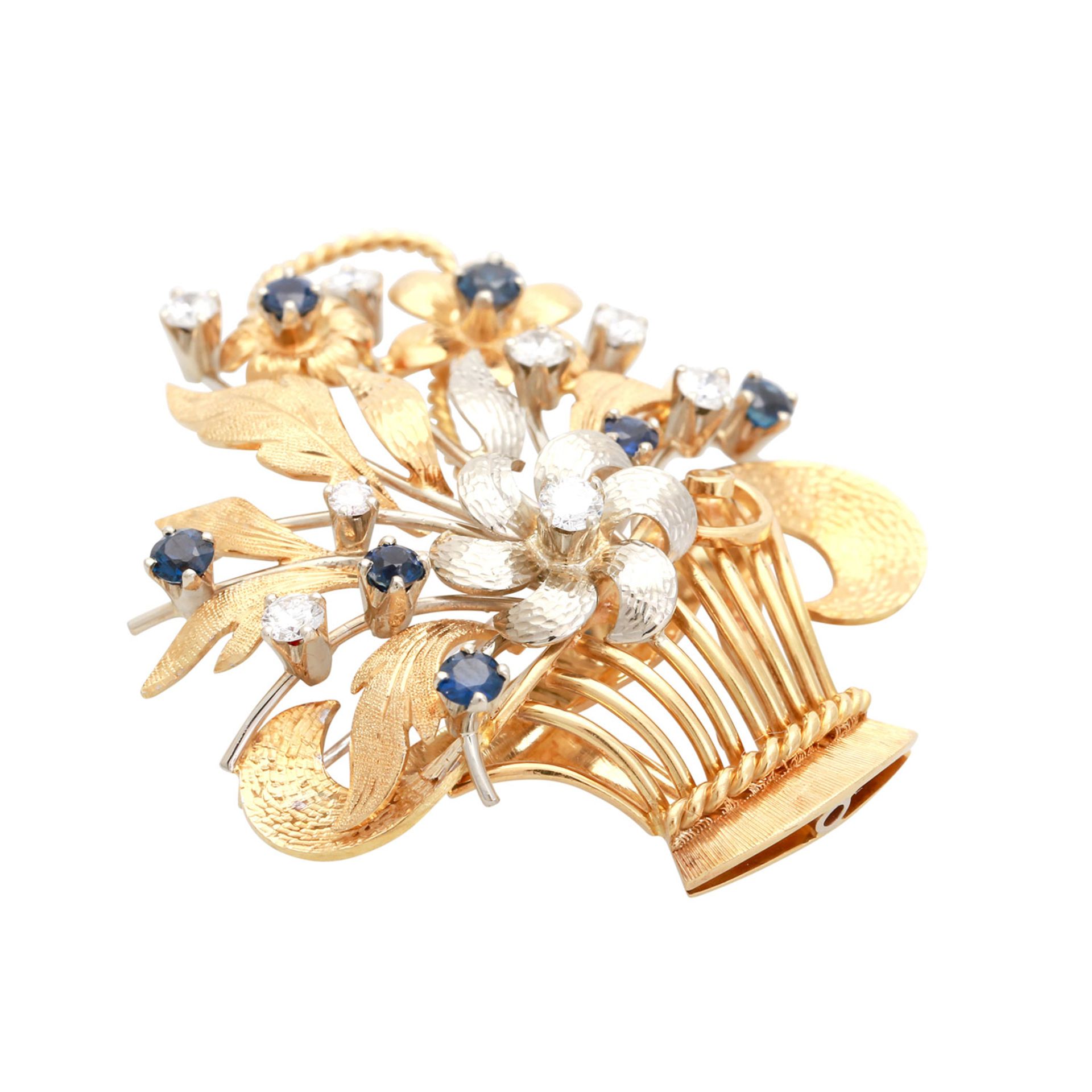 Brosche mit Diamanten und Saphiren in Form eines Blütenkorbs, 8 Brillanten von zus. ca. 0,45 ct., - Image 3 of 4