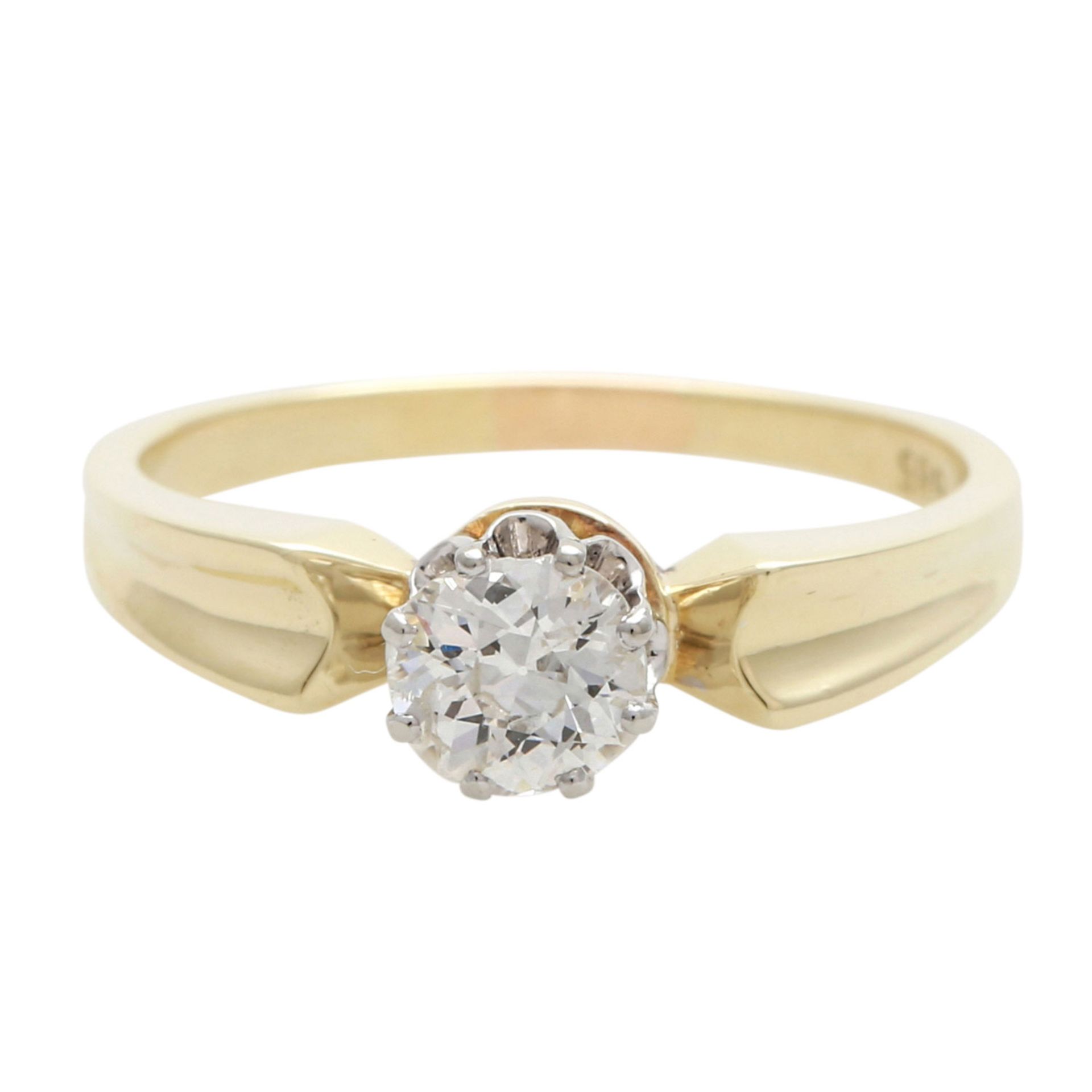 Damenring mit 1 Diamant im Altschliff von ca. 0,6 ct., LGW (J) - GW (K), P1, GG / WG 14K, RW 60,