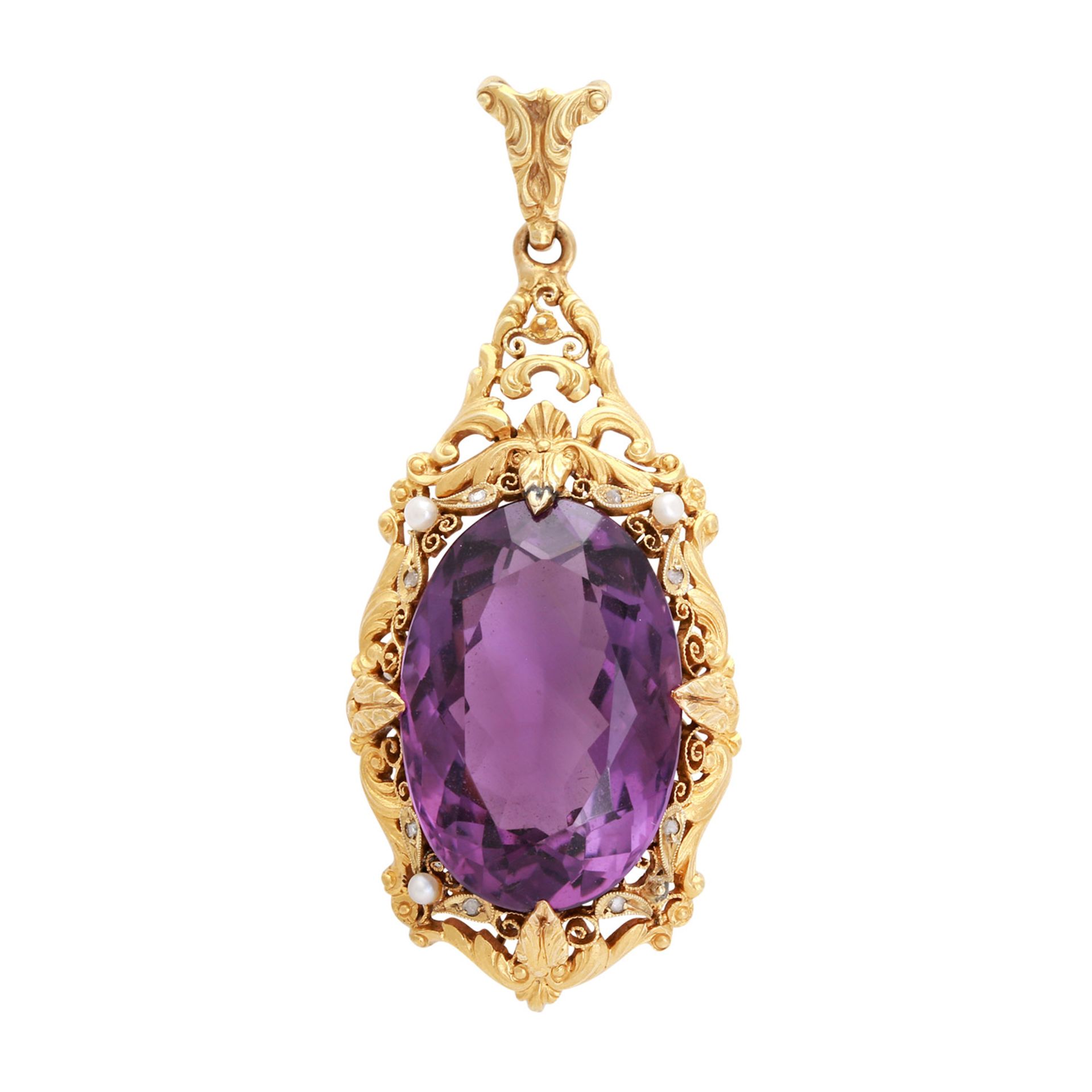 Antiker Anhänger Anfang 20. Jh. mit Amethyst oval facettiert, gute Farbsättigung. GG 18K mit