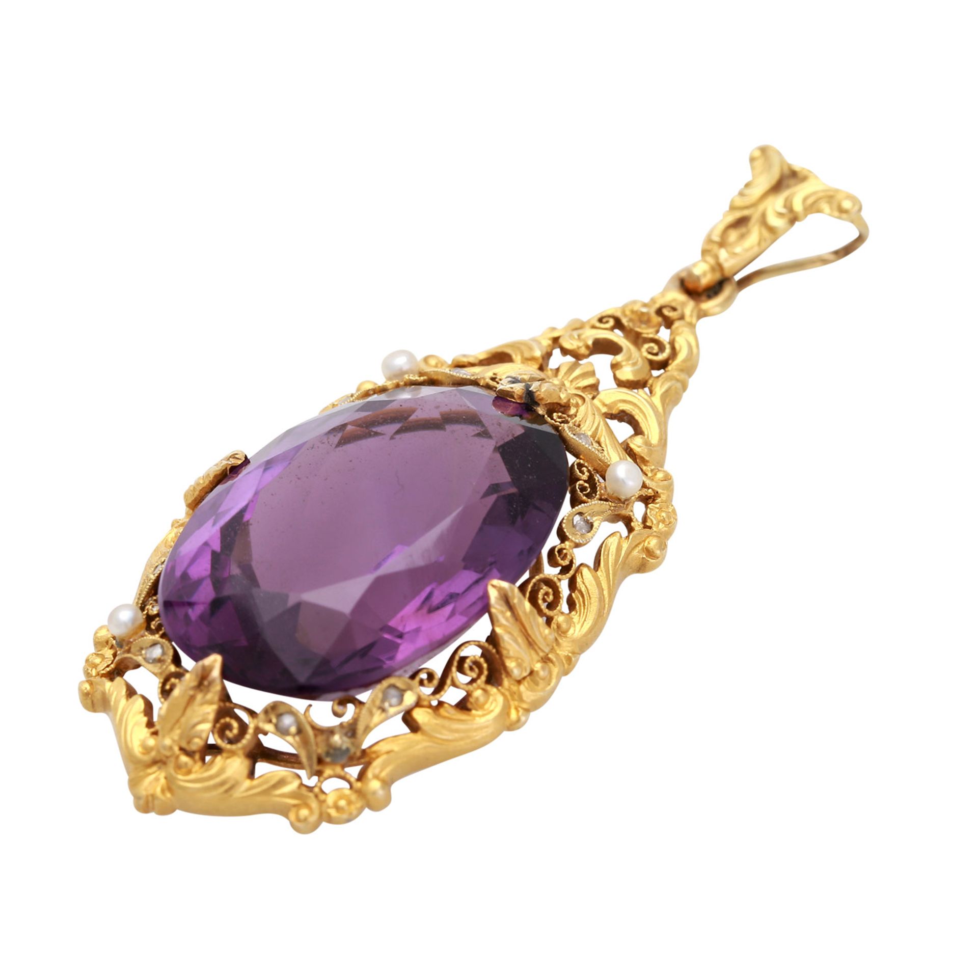 Antiker Anhänger Anfang 20. Jh. mit Amethyst oval facettiert, gute Farbsättigung. GG 18K mit - Bild 3 aus 4