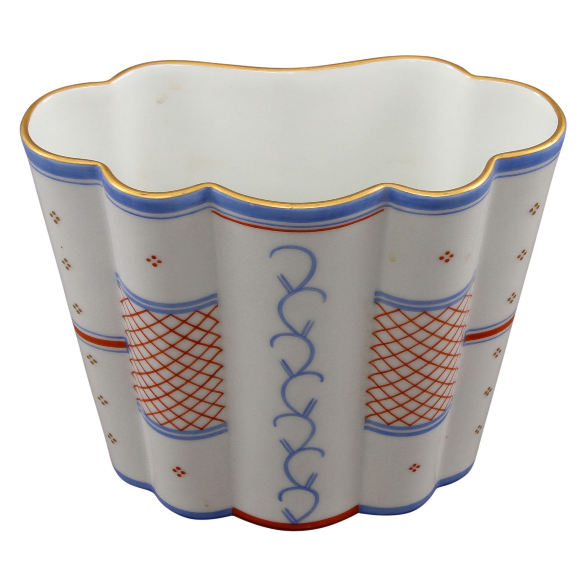 KPM Vase, 20. Jhd. Weißporzellan mit Dekor in Gold, Eisenrot und Blau, mehrpassige Ovalform, - Bild 6 aus 7