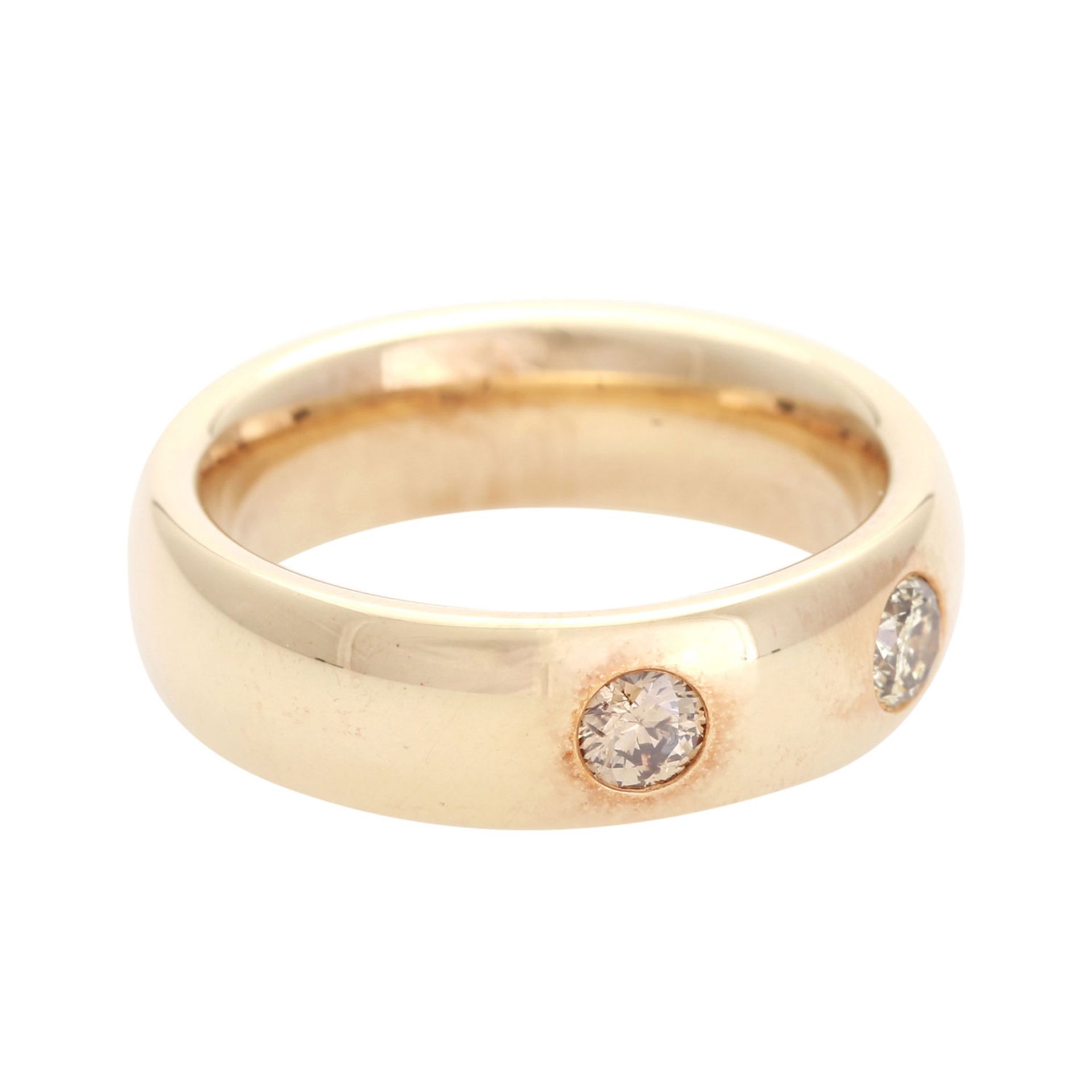 Ring mit 2 Diamanten, zus. ca. 0,5 ct, braun - gelbbraun / PI, GG 18K, RW 62, massiver Bandring. - Bild 2 aus 4