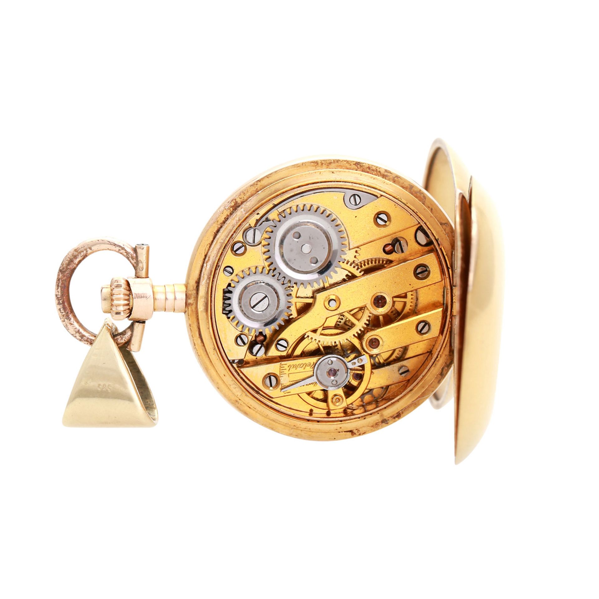 Damenumhängeuhr, Savonettegehäuse, Staubdeckel und Anhängerschlaufe (sek.), GG 14K, bes. mit 1 - Bild 2 aus 7