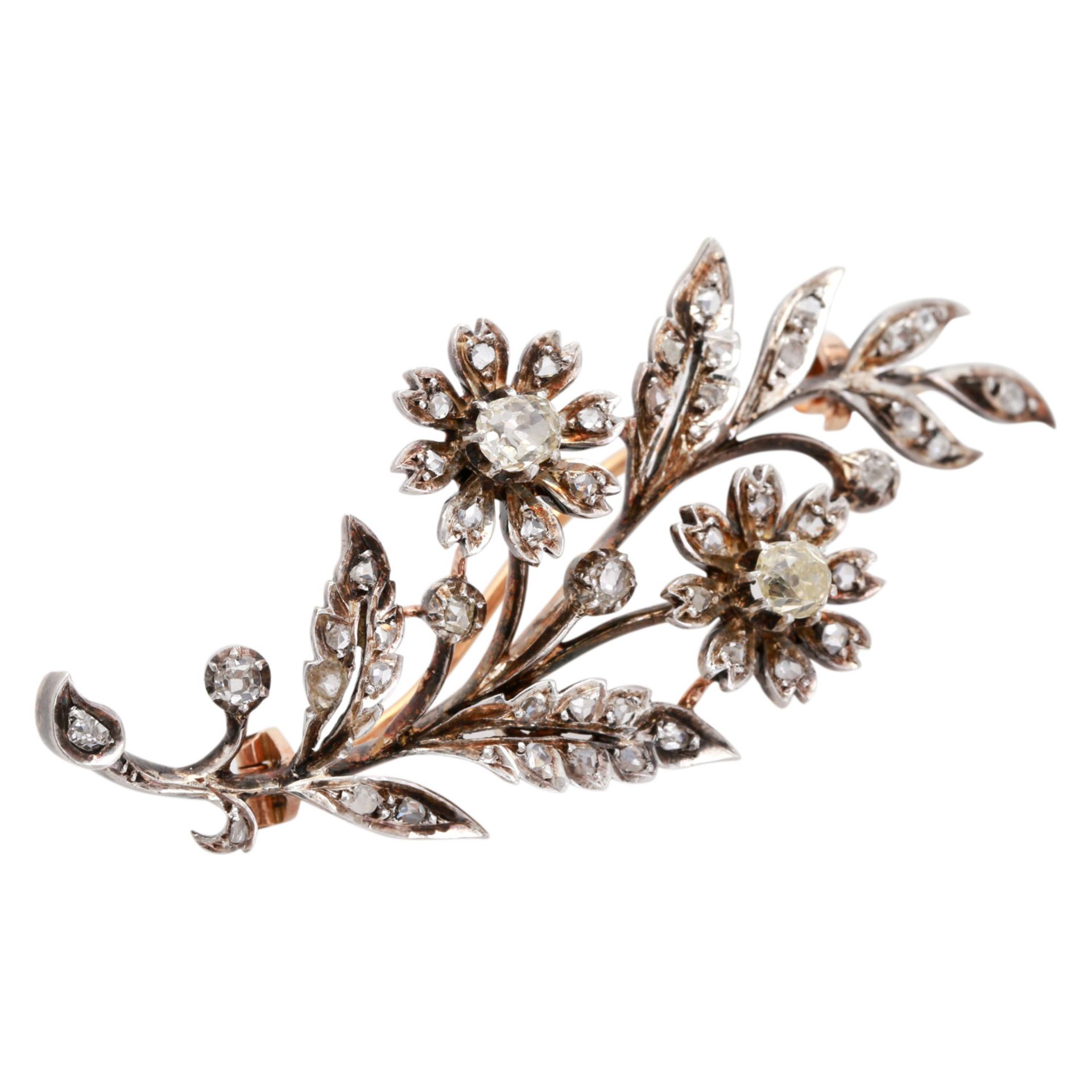 Blütenzweigbrosche mit Diamantbesatz darunter Altschliffdiam. und Diamantrosen zus. ca. 1,1 ct von - Bild 3 aus 4