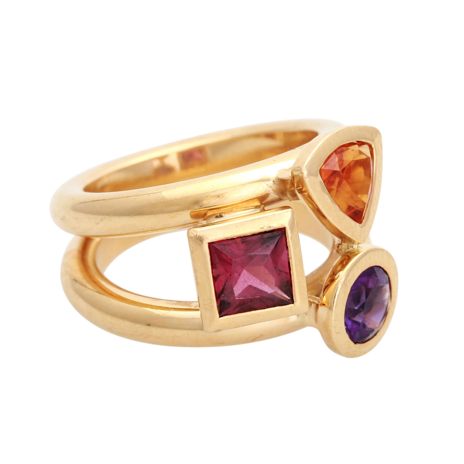 Ring mit 3 facettierten Farbsteinen, 1 Citrintriangel, 1 Amethyst rund, 1 Turmalincarré, in - Bild 2 aus 4