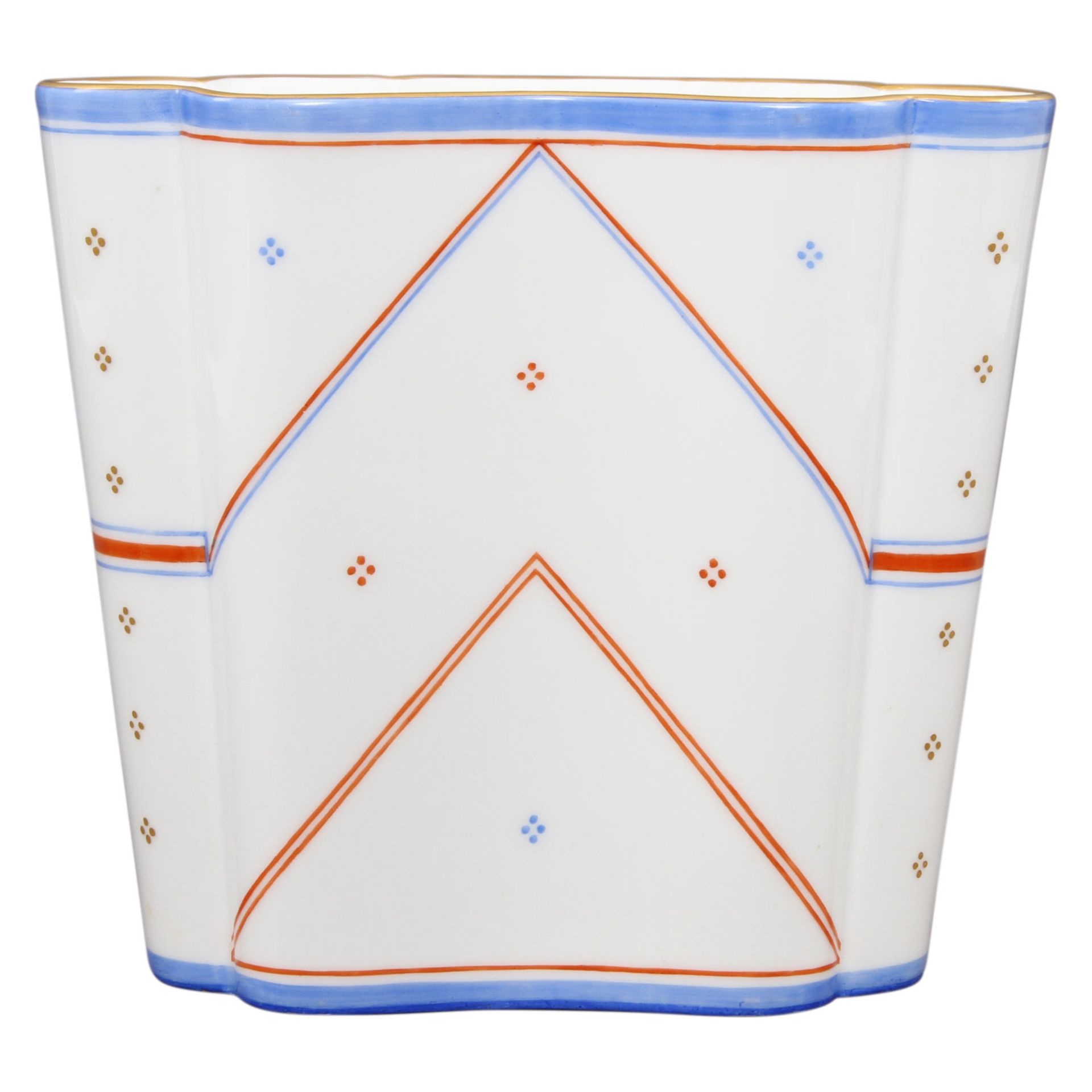 KPM Vase, 20. Jhd. Weißporzellan mit Dekor in Gold, Eisenrot und Blau, mehrpassige Ovalform, - Bild 4 aus 7