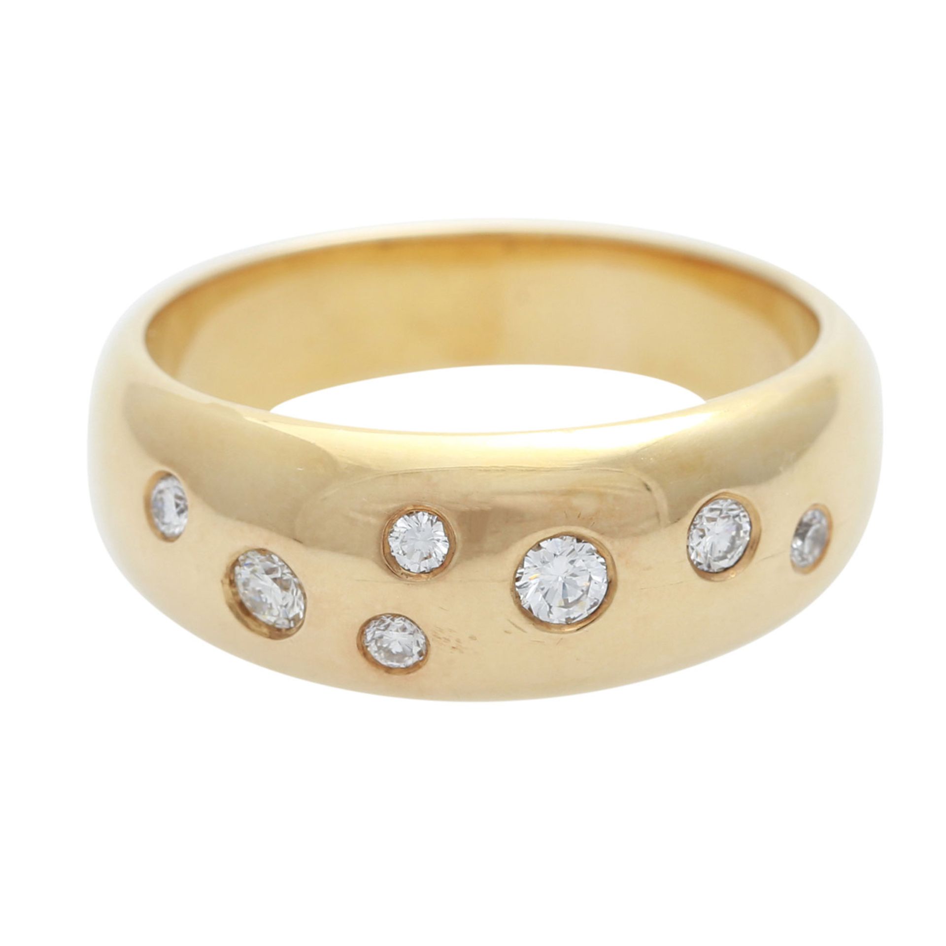 Ring besetzt mit 7 Brillanten, zus. ca. 0,21 ct, WEIß (H) / SI, GG 14K, RW 54,5, Bandring mit