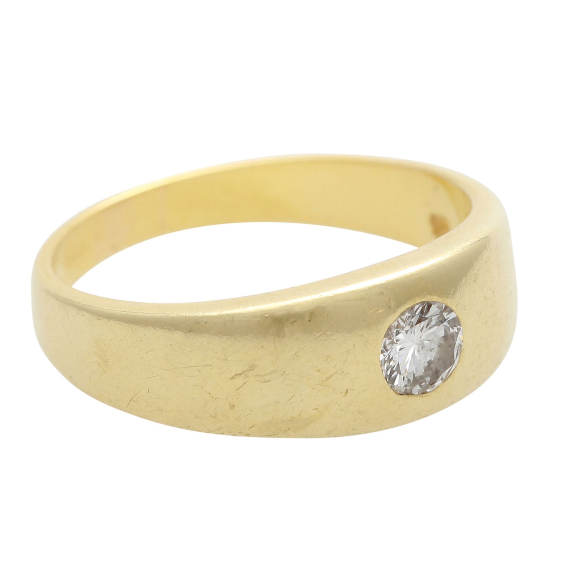 Bandring / Solitärring mit 1 Brillant ca. 0,35 ct GW (K) / PI 2 in GG 14K. RW: ca. 59,5. Leichte - Bild 2 aus 4