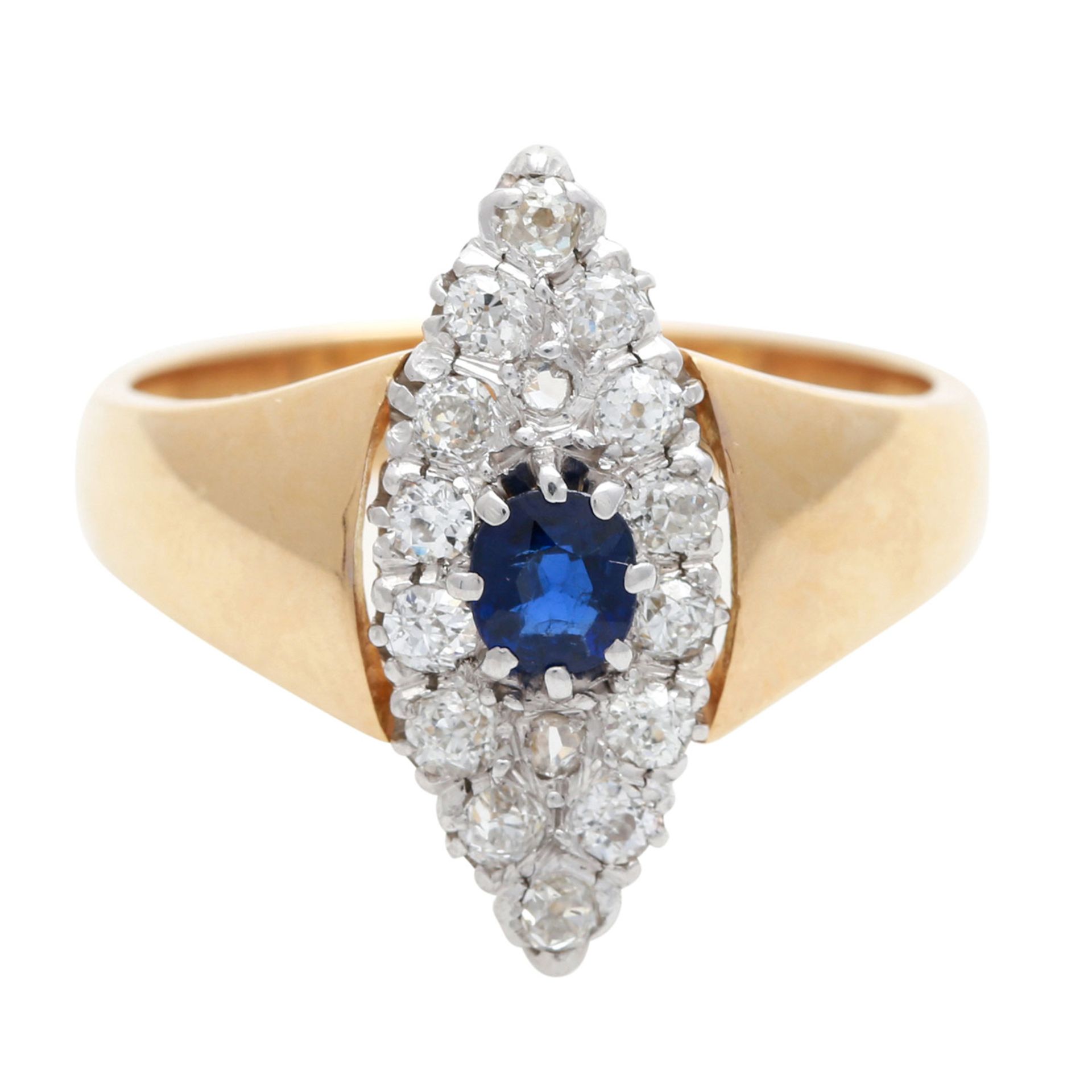 Ring mit 1 Saphir, ca. 0,4 ct und 16 Diamanten, Altschliff und Rosen, zus. ca. 0,5 ct, mittlerer