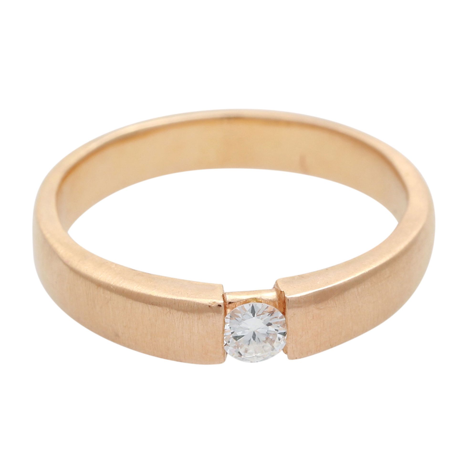 Damenring mit 1 Brill. ca. 0,15 ct, W - VVS. Rosegold 18K, RW ca. 56, massive Verarbeitung,