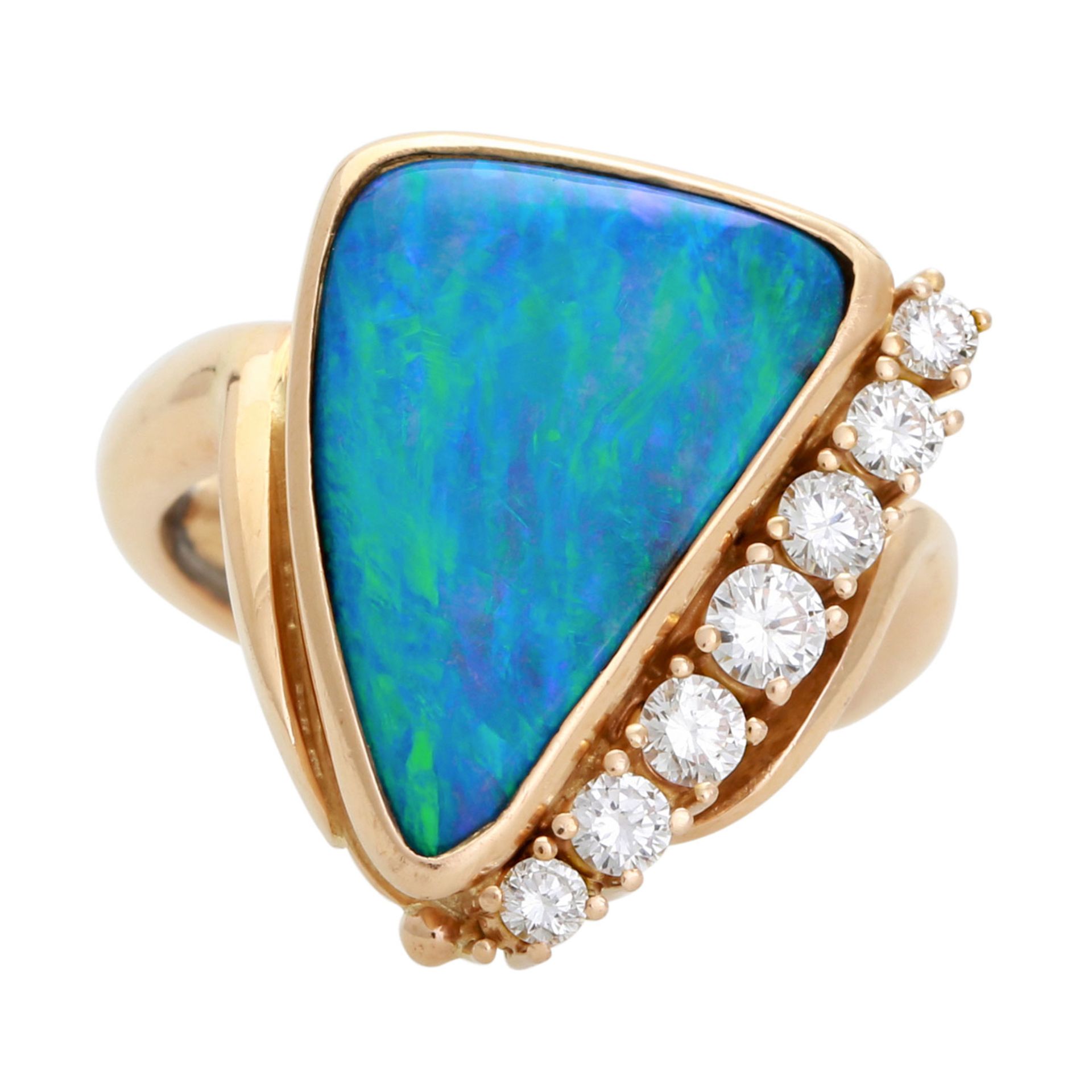 Ring mit Boulderopal und Diamanten, 1 feiner Opal mit grünen und blauen Farbreflexen, 7 Brillanten