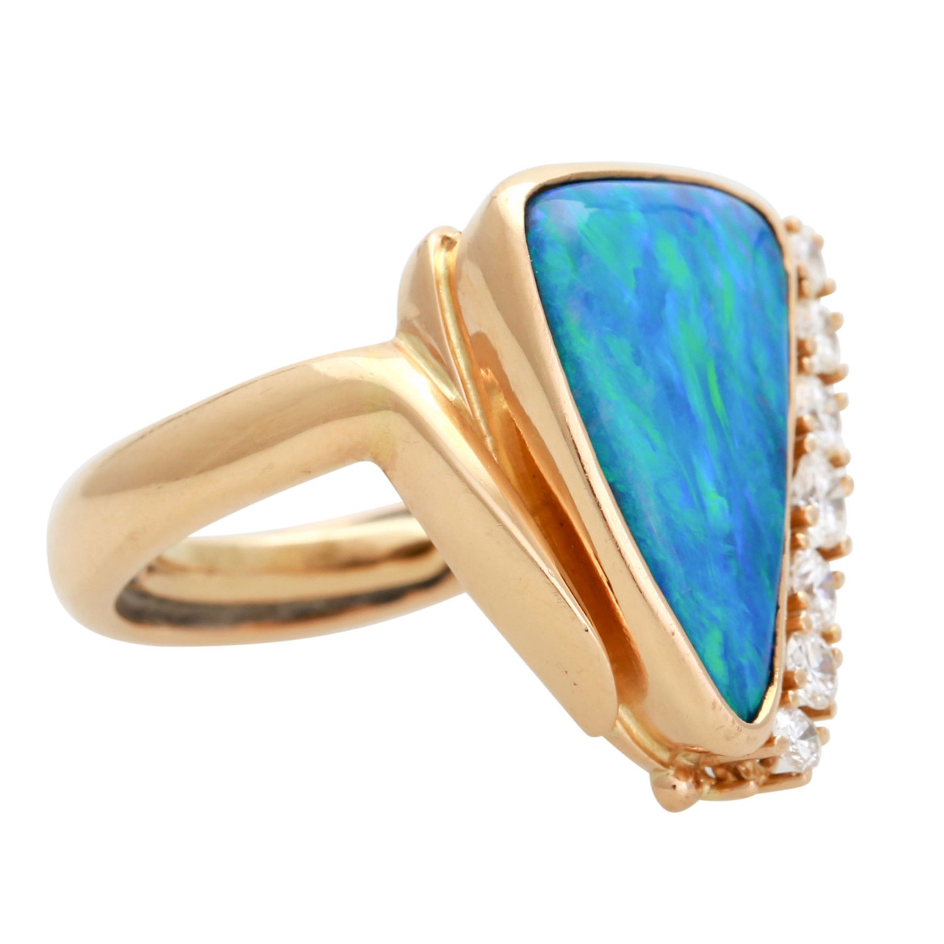 Ring mit Boulderopal und Diamanten, 1 feiner Opal mit grünen und blauen Farbreflexen, 7 Brillanten - Bild 2 aus 5