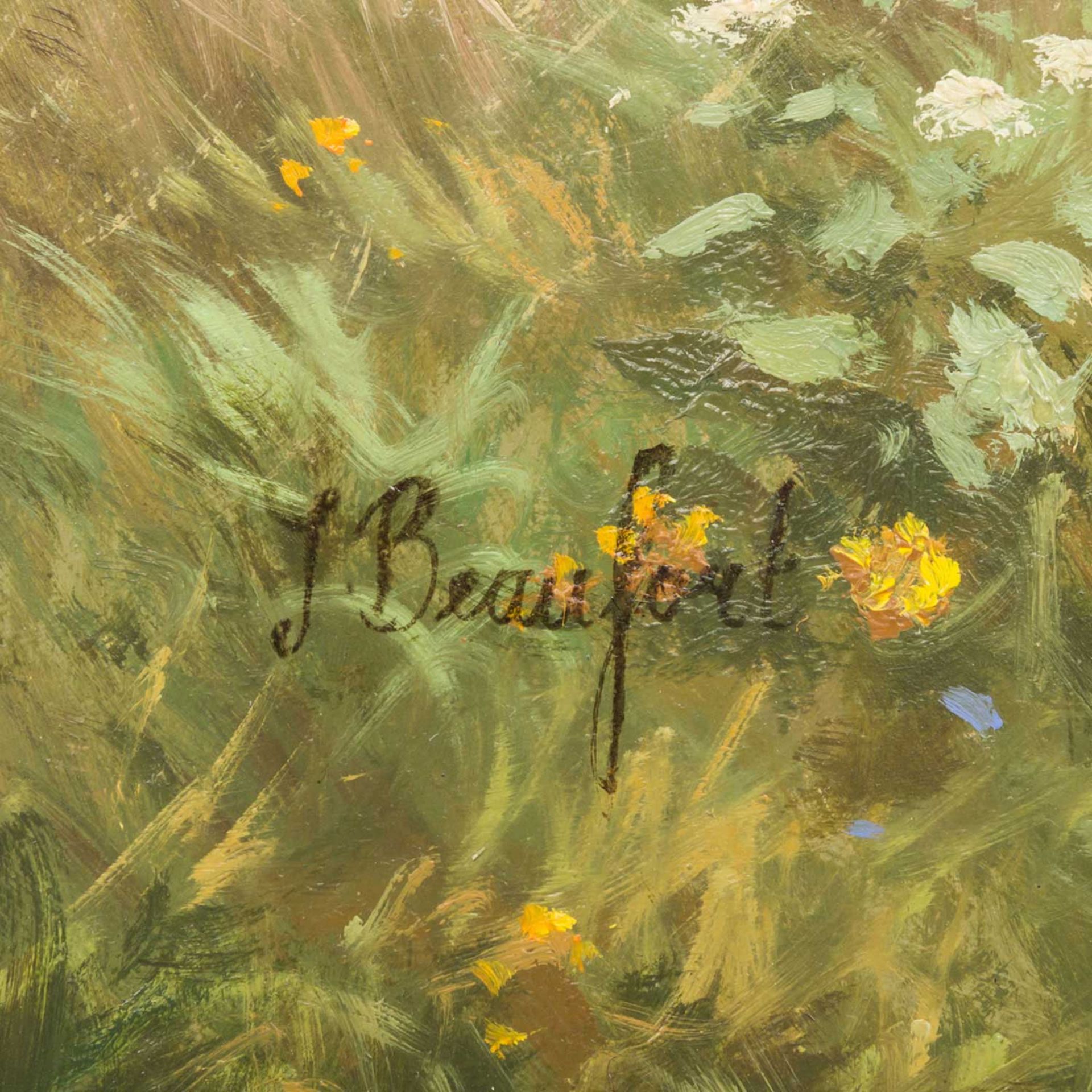 BEAUFORT, J. (Maler 20. Jh.), "Kinder beim Blumenpflücken auf einer Waldwiese", u.li. sign., Öl - Bild 3 aus 4