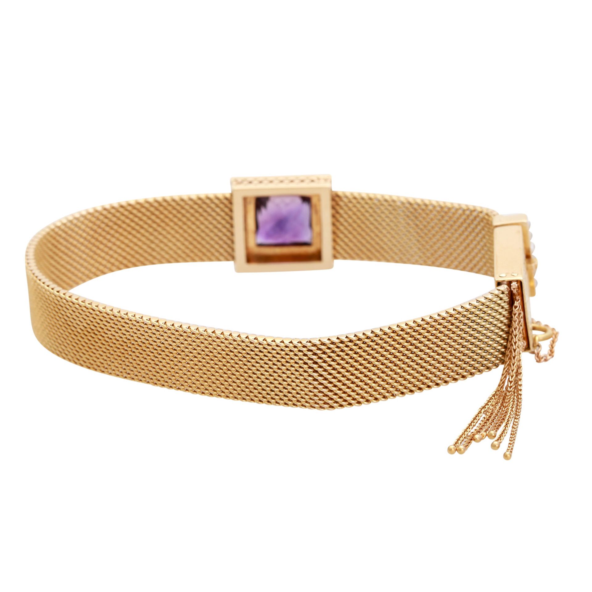 Armband mit Amethyst und Saatperlen. GG 14K, L. ca. 17,5 cm, Ziergravuren an der Schließe und - Bild 2 aus 5