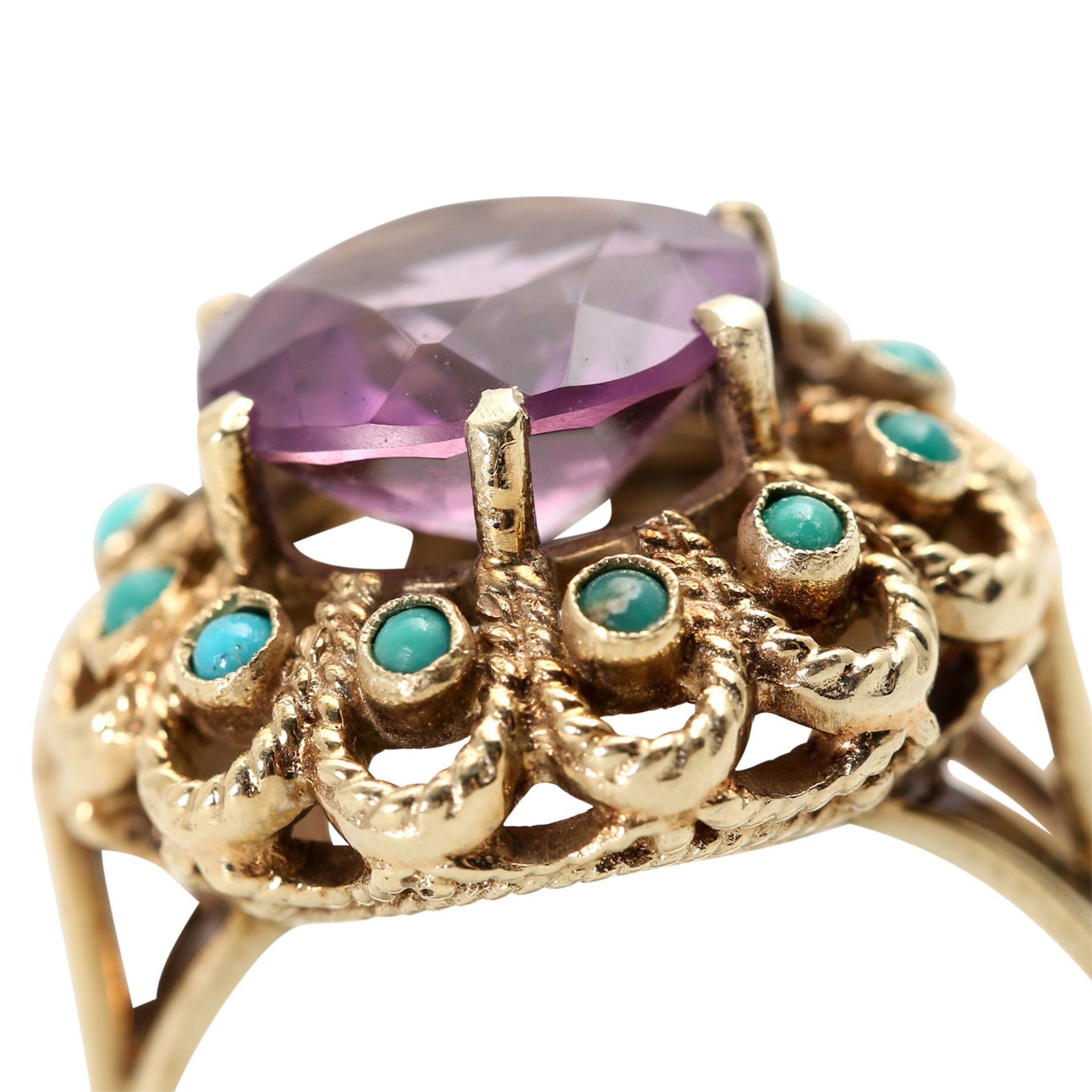 FAHRNER Ring mit 1 Amethyst, rund facettiert, D: ca. 9,5 mm, umkränzt von 12 kl. Türkiscabochons, - Image 5 of 5