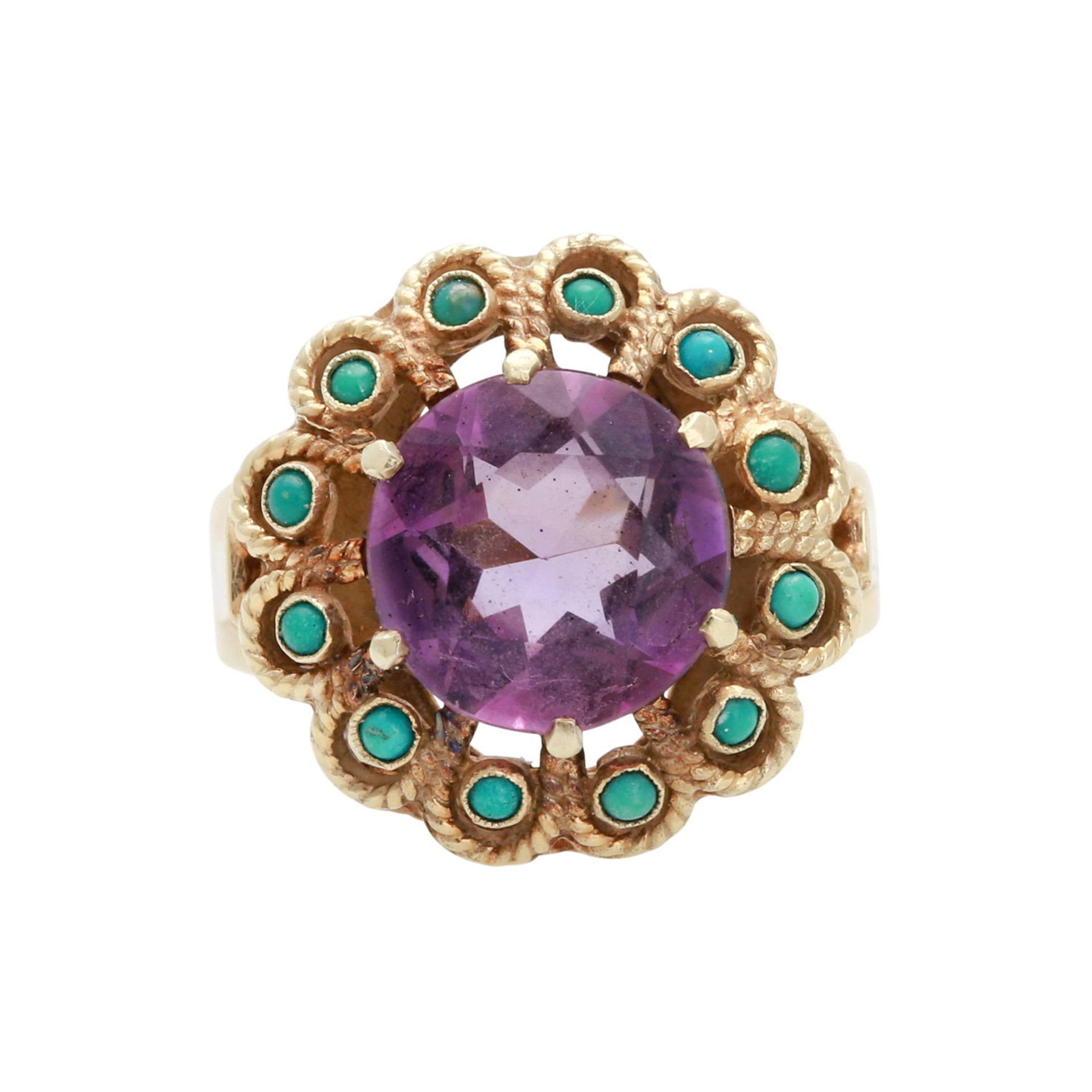 FAHRNER Ring mit 1 Amethyst, rund facettiert, D: ca. 9,5 mm, umkränzt von 12 kl. Türkiscabochons,