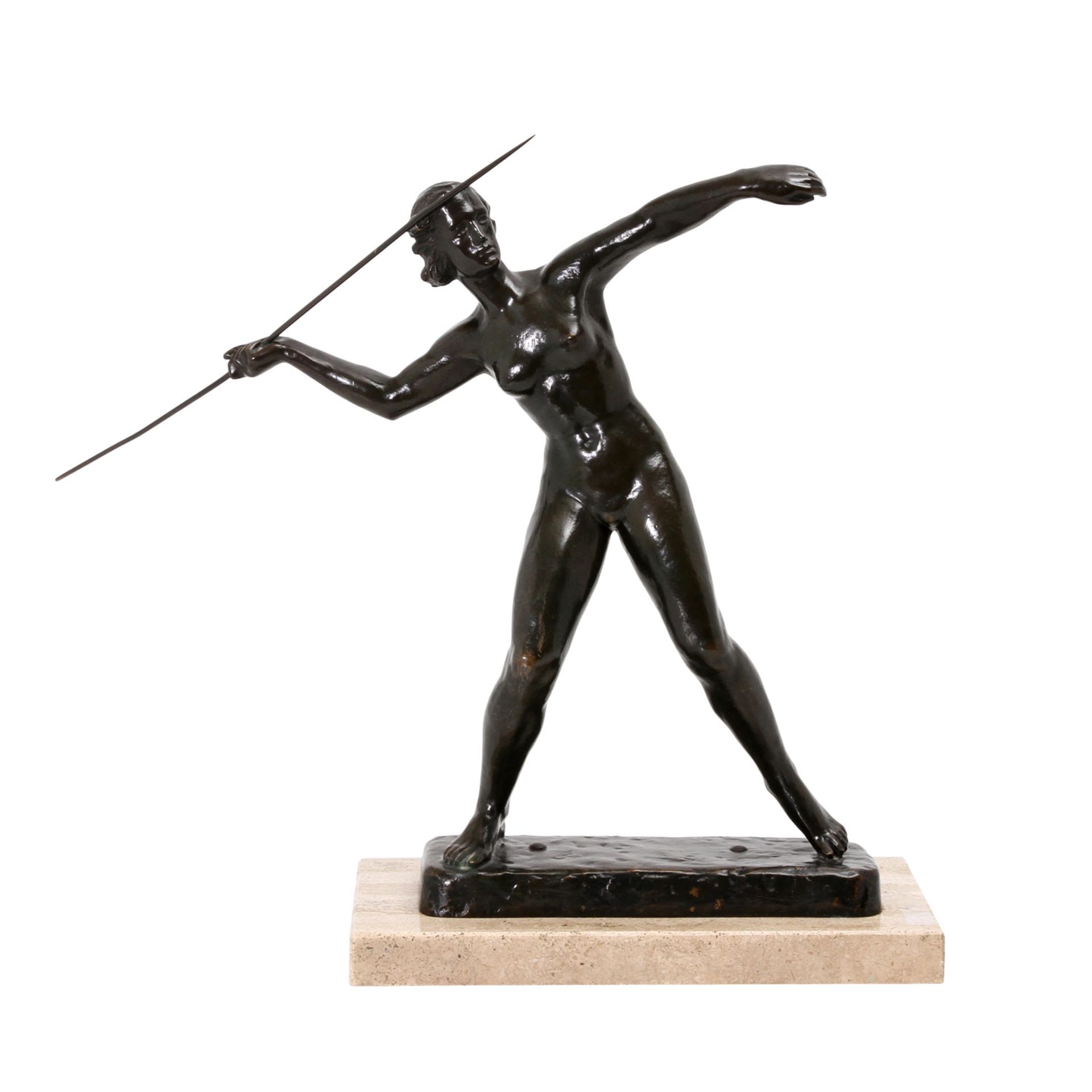 'Speerwerferin', 1930er Jahre. Bronze, Frauenakt einen Speer werfend (Speer repariert), auf