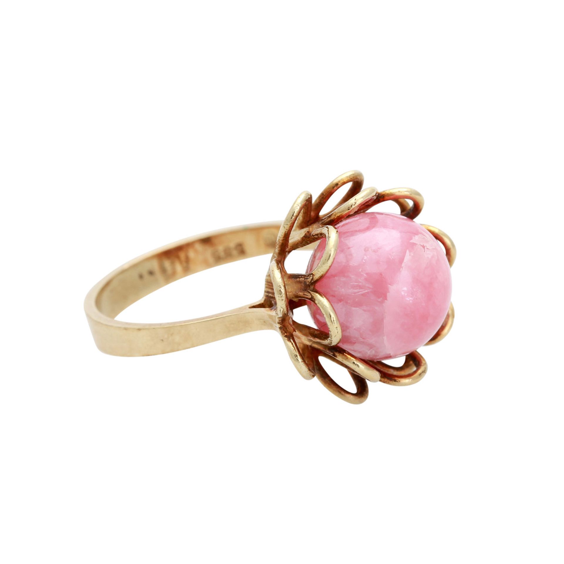 FAHRNER Ring mit Rhodochrositkugel in doppelreihigem Blütenkelch aus Drahtschlingen sitzend. GG 14K, - Bild 2 aus 4