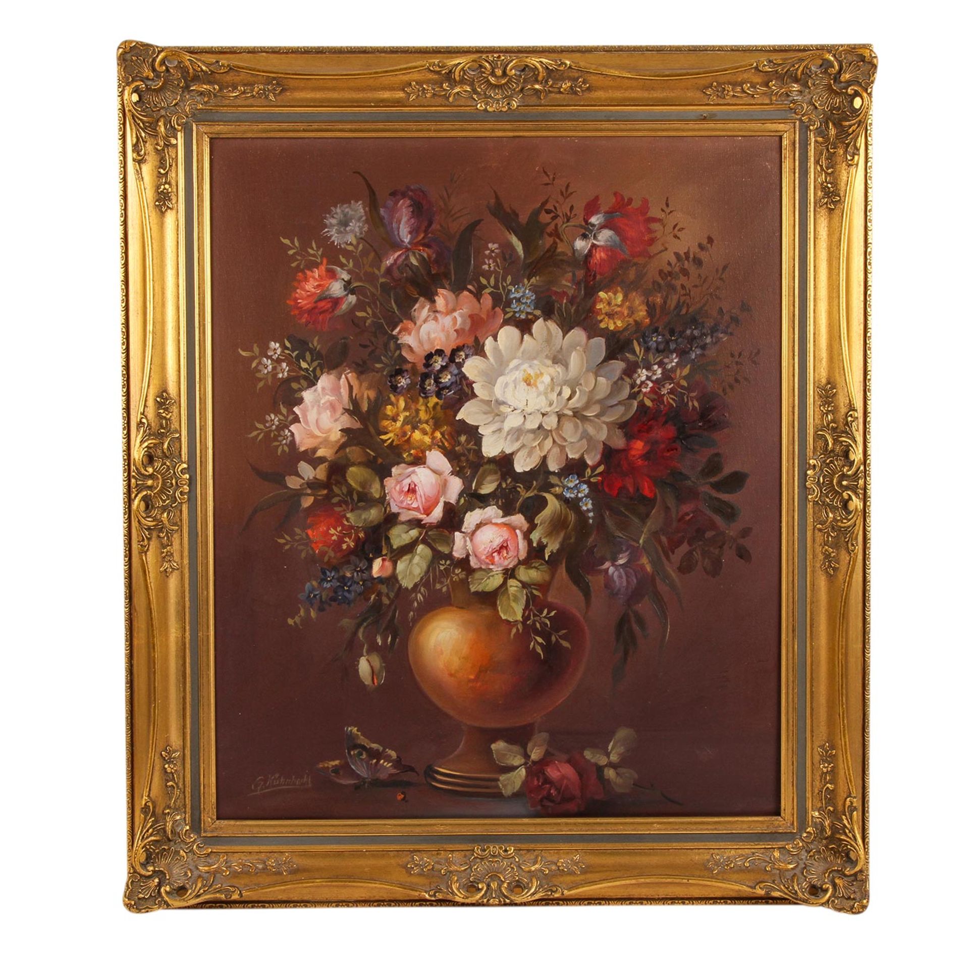 Kühnhackl, G. (Maler/in 20. Jh.), "Stillleben mit Blumenbouquet in Vase und Schmetterling", u.li. - Bild 2 aus 5