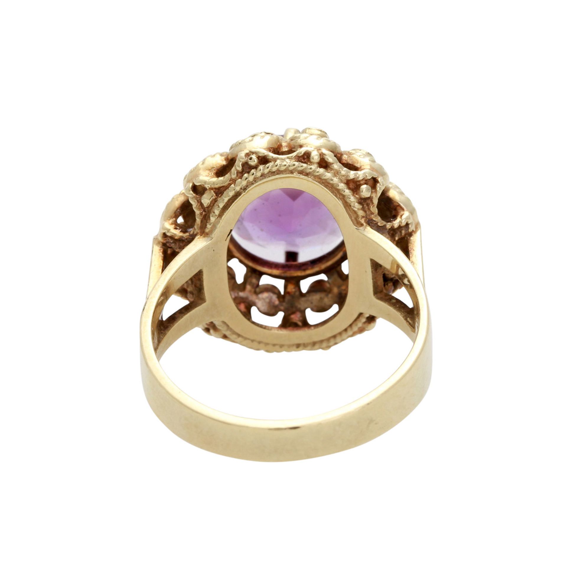 FAHRNER Ring mit 1 Amethyst, rund facettiert, D: ca. 9,5 mm, umkränzt von 12 kl. Türkiscabochons, - Image 4 of 5