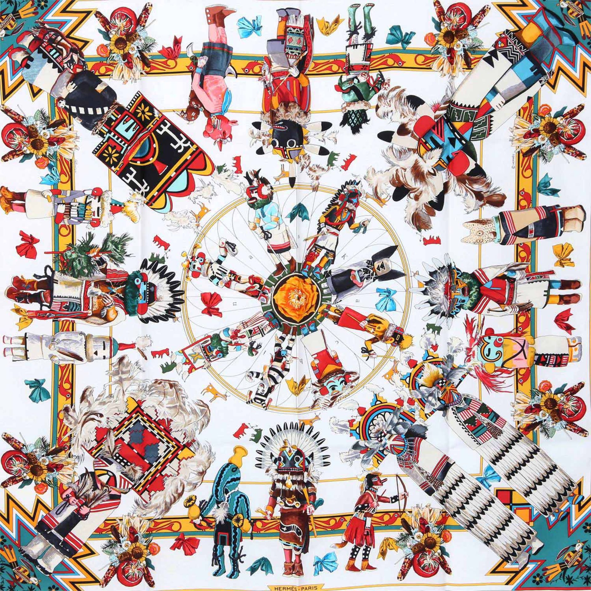 HERMÈS Seidencarre "KACHINAS", akt. NP: 360,-€. By Kermit Oliver, Motiv erstmals 1992 erschienen. - Image 2 of 2