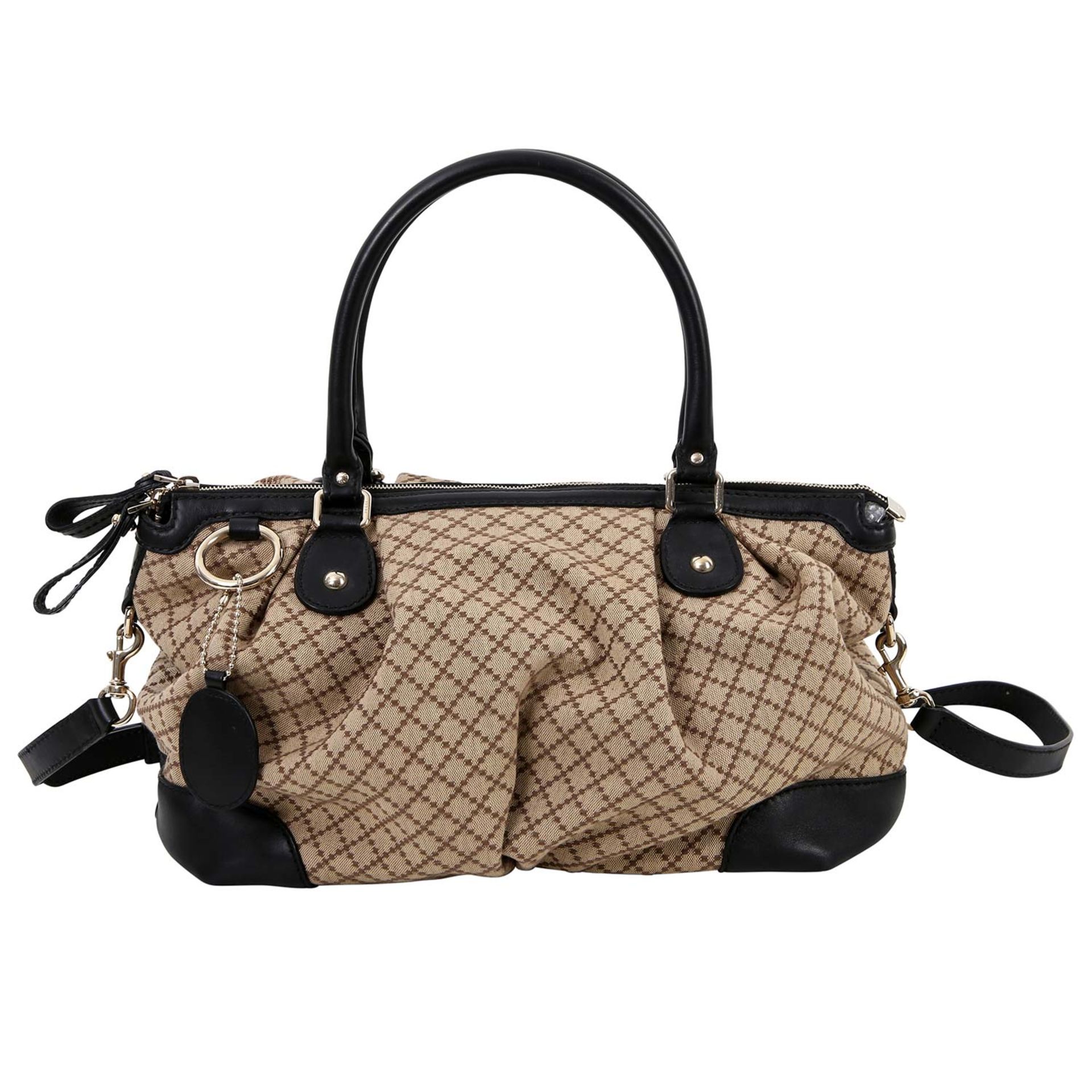 GUCCI Henkeltasche. Modell aus Textil in Beige mit brauner Bestickung und schwarzen Lederdetails. - Image 4 of 6