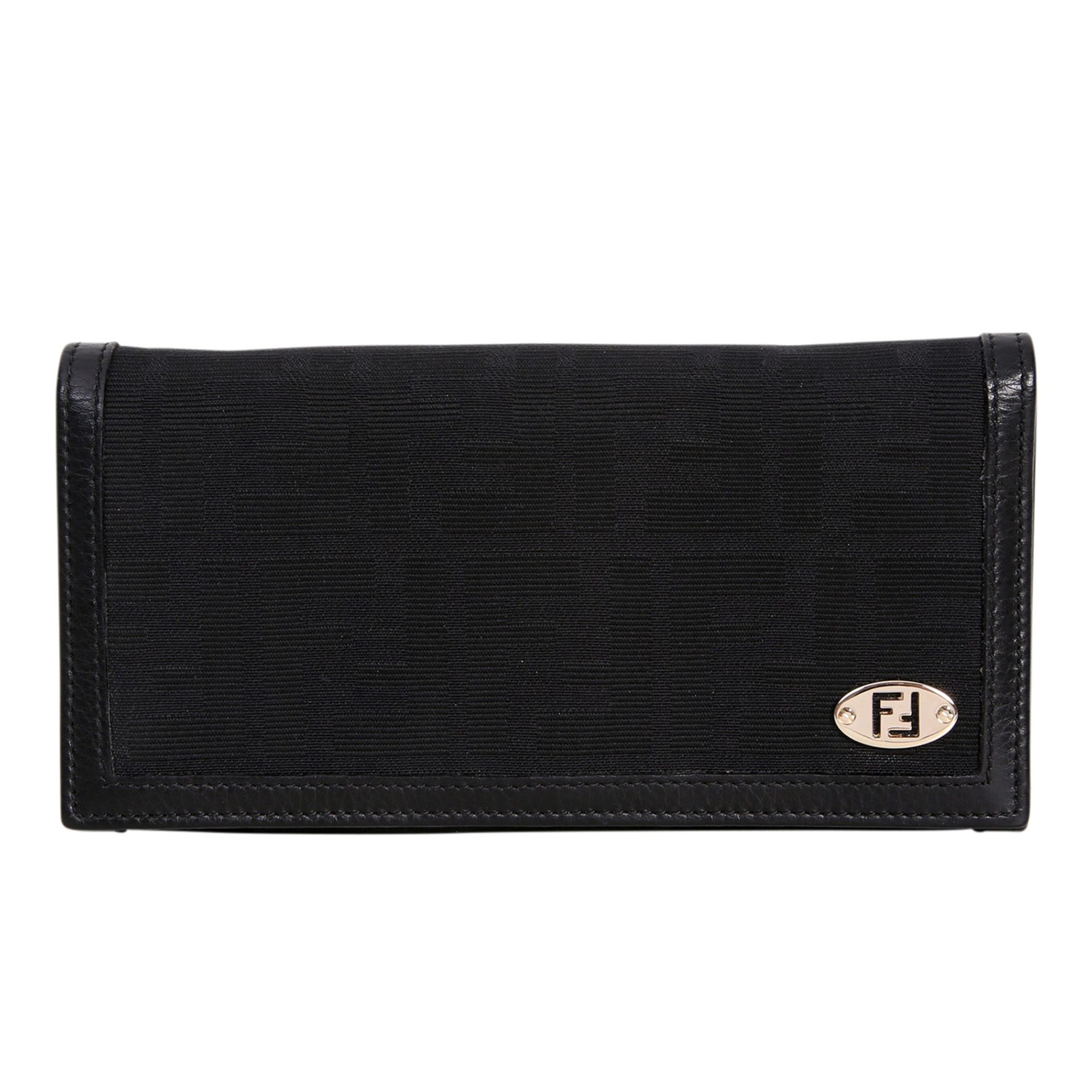 FENDI VINTAGE Portemonnaie. Zucca Webstruktur in Schwarz, Leder Applikationen, goldfarbene Hardware,