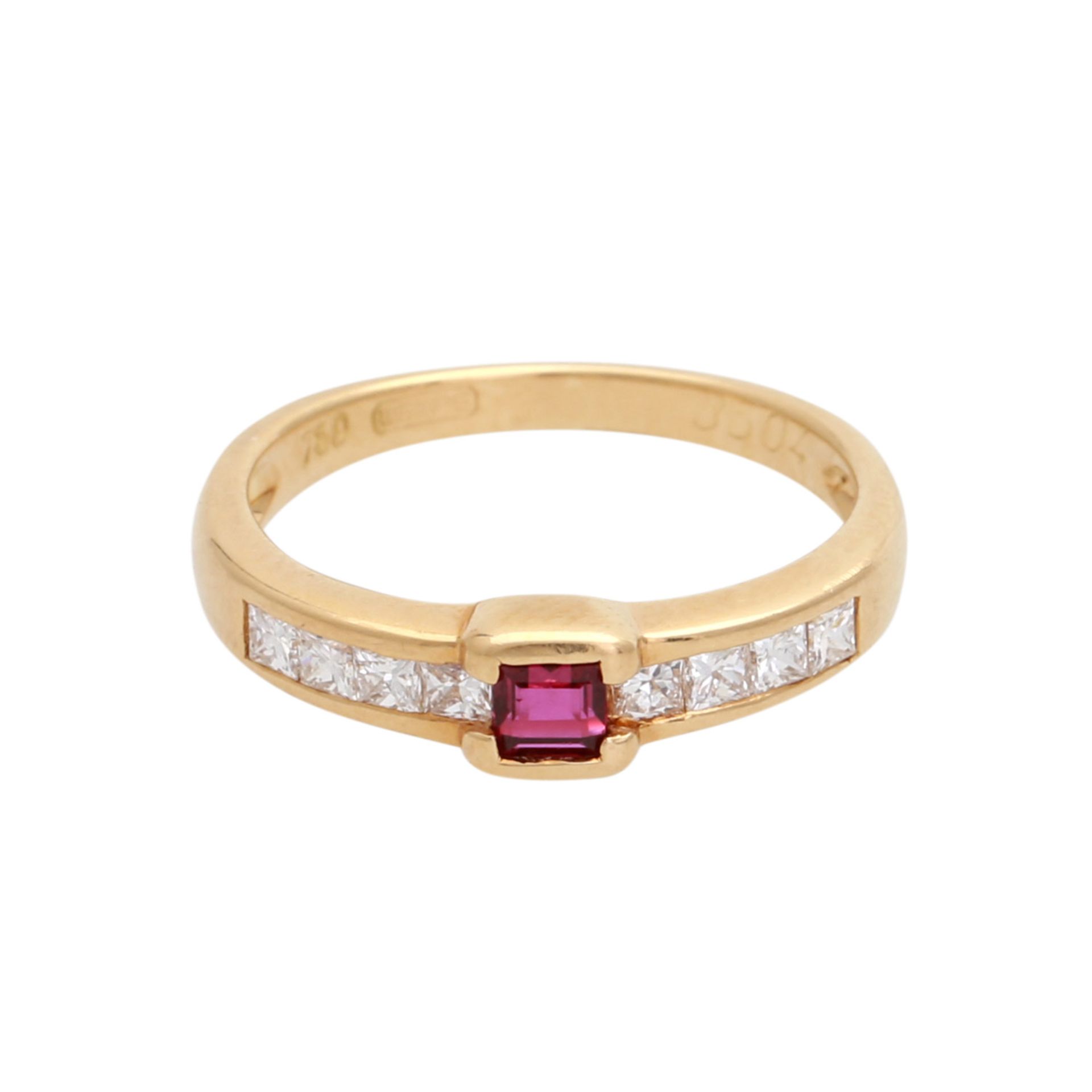 WEMPE Ring mit 1 Rubincarré und 8 Diamanten im Prinzess-Schliff, zus. ca. 0,25 ct, FW (F - G) /