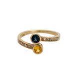 Ring mit 2 Farbsteinen und 8 Diamanten, GG 14K, RW 55, Wickelform mit gelbem und blauem Akzent,