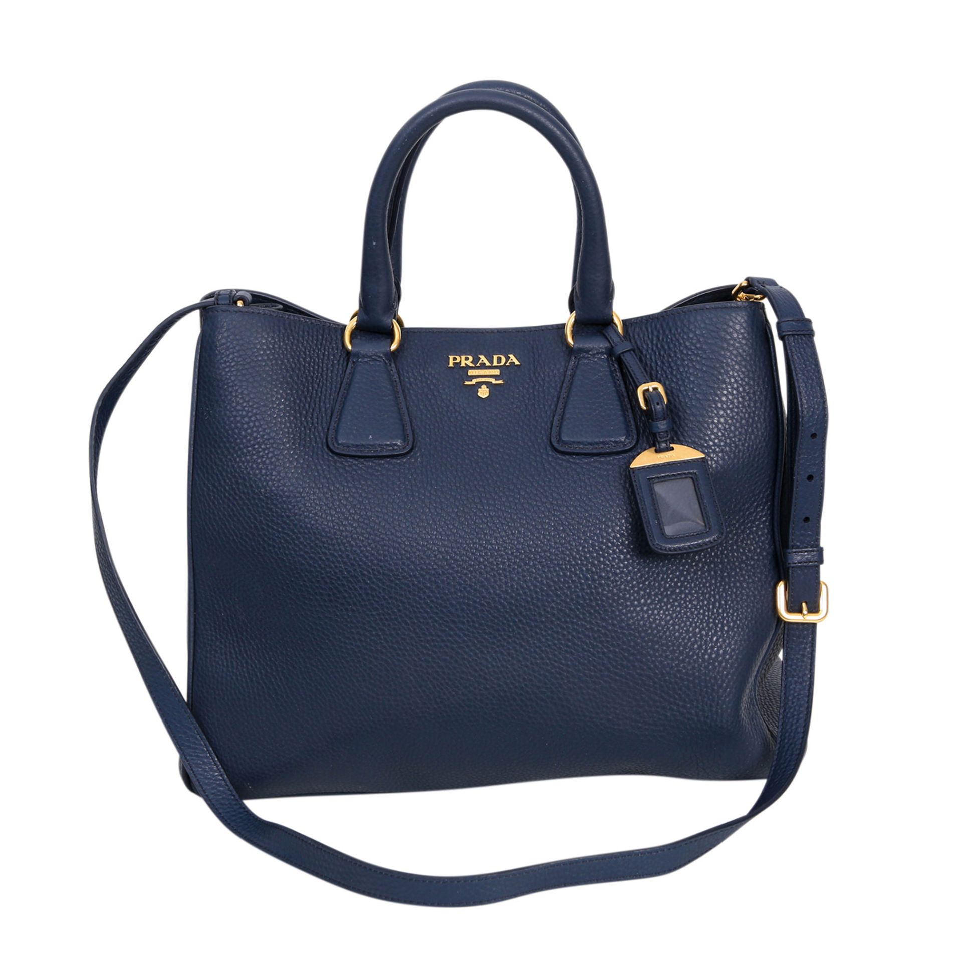 PRADA Shopper, NP. ca.: 900,-€. Softes Kalbsleder in Nachtblau, goldfarbene Hardware,