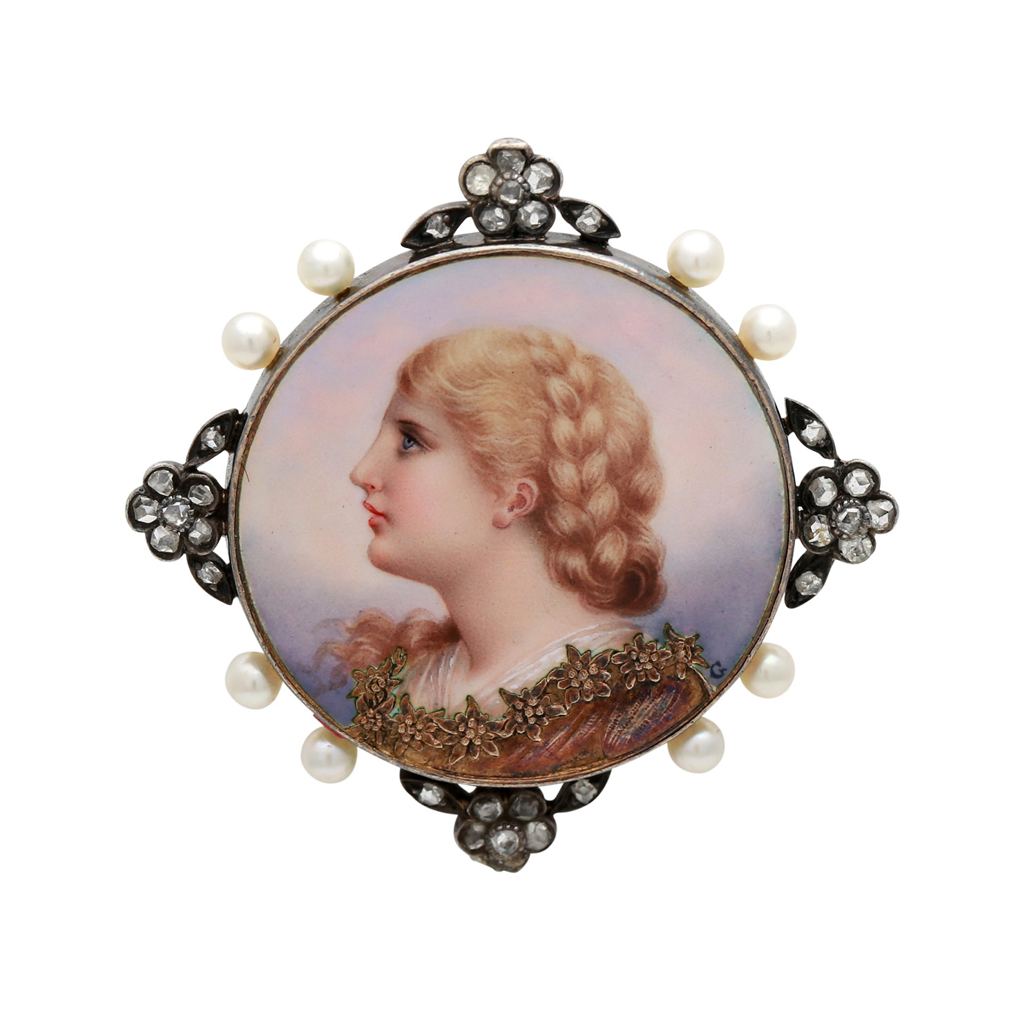 Portraitbrosche mit Perlen und Diamantrosen, Miniaturmalerei "Blonde Frau mit Flechtfrisur und