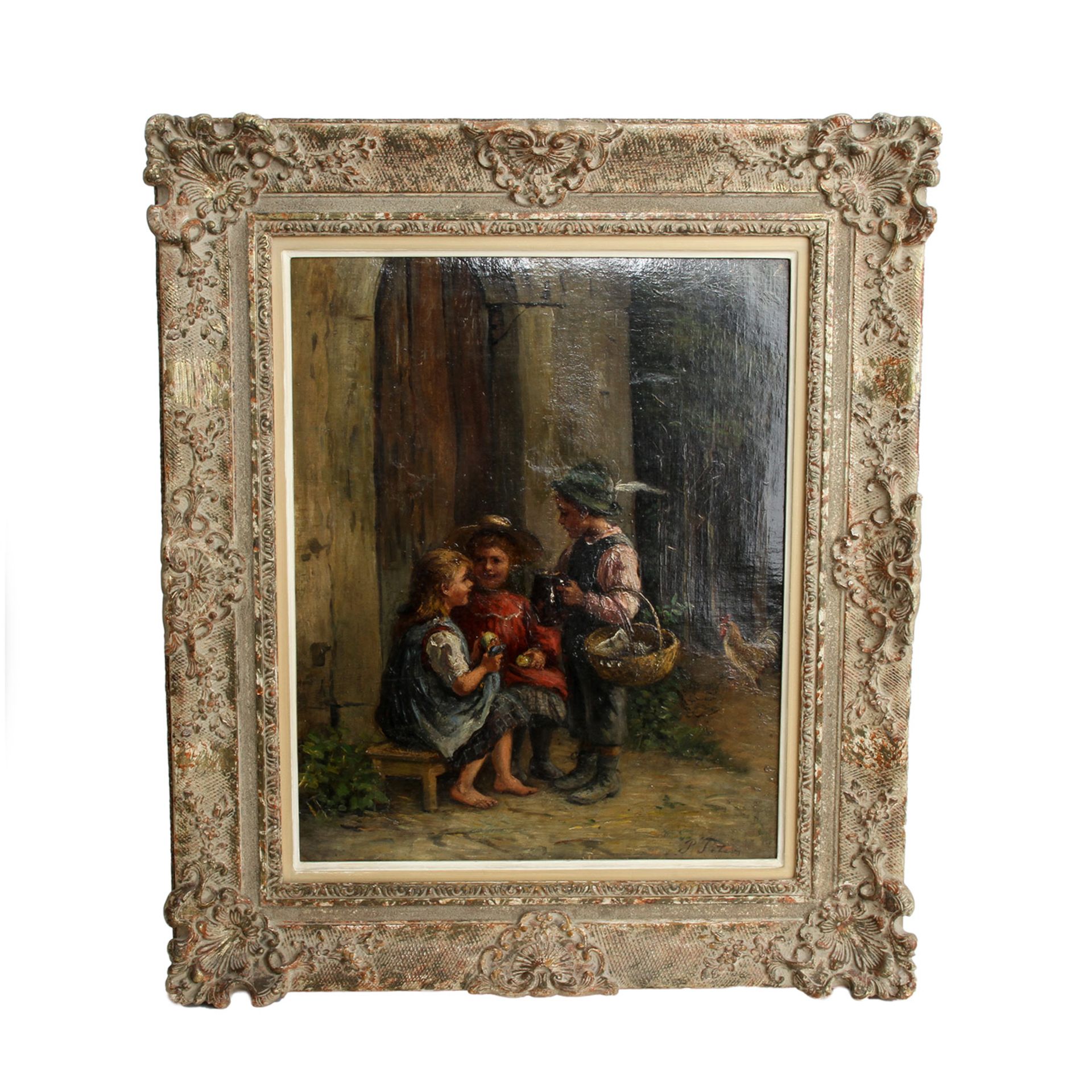 PETERS, PIETRONELLA (Stuttgart 1848-1924), "Drei Kinder vor dem Haus", zwei Mädchen auf einer Bank - Bild 2 aus 6