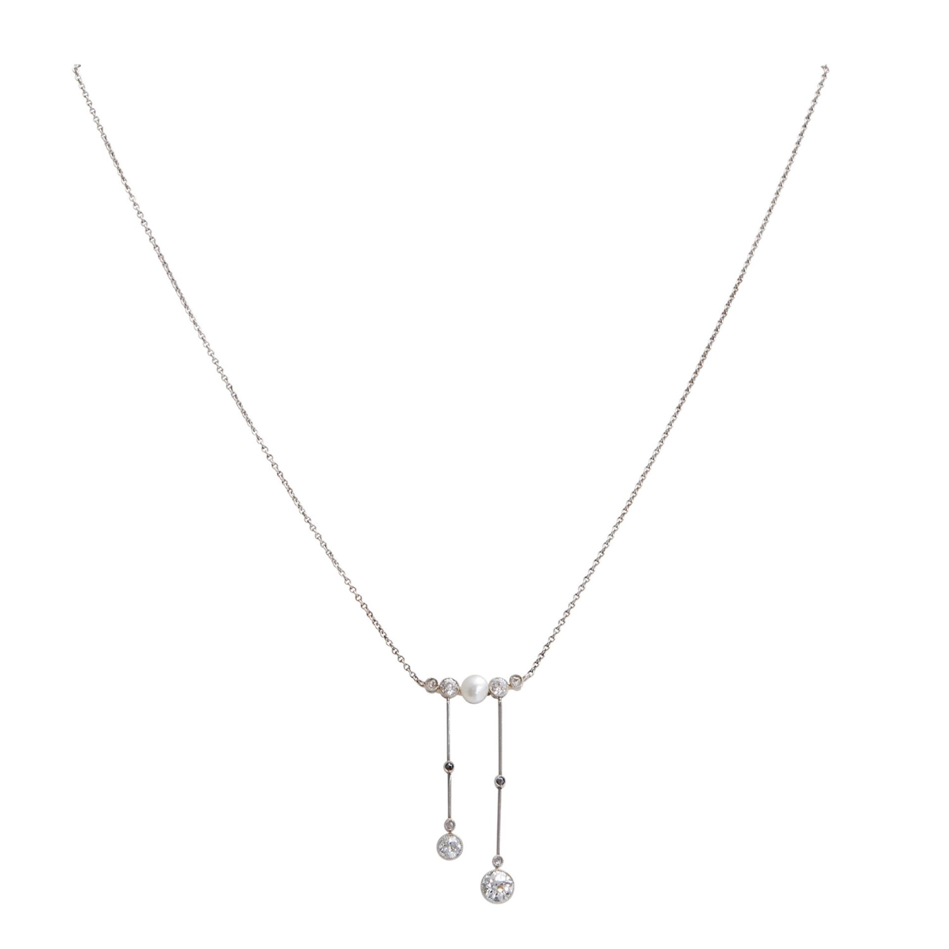 Zartes Art Deco Collier mit Diamanten zus. ca. 0,6 ct GW - GET / VS - SI und 1 wohl Orientperle,