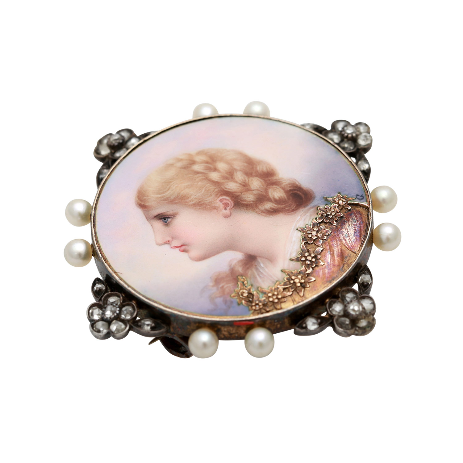 Portraitbrosche mit Perlen und Diamantrosen, Miniaturmalerei "Blonde Frau mit Flechtfrisur und - Image 3 of 4