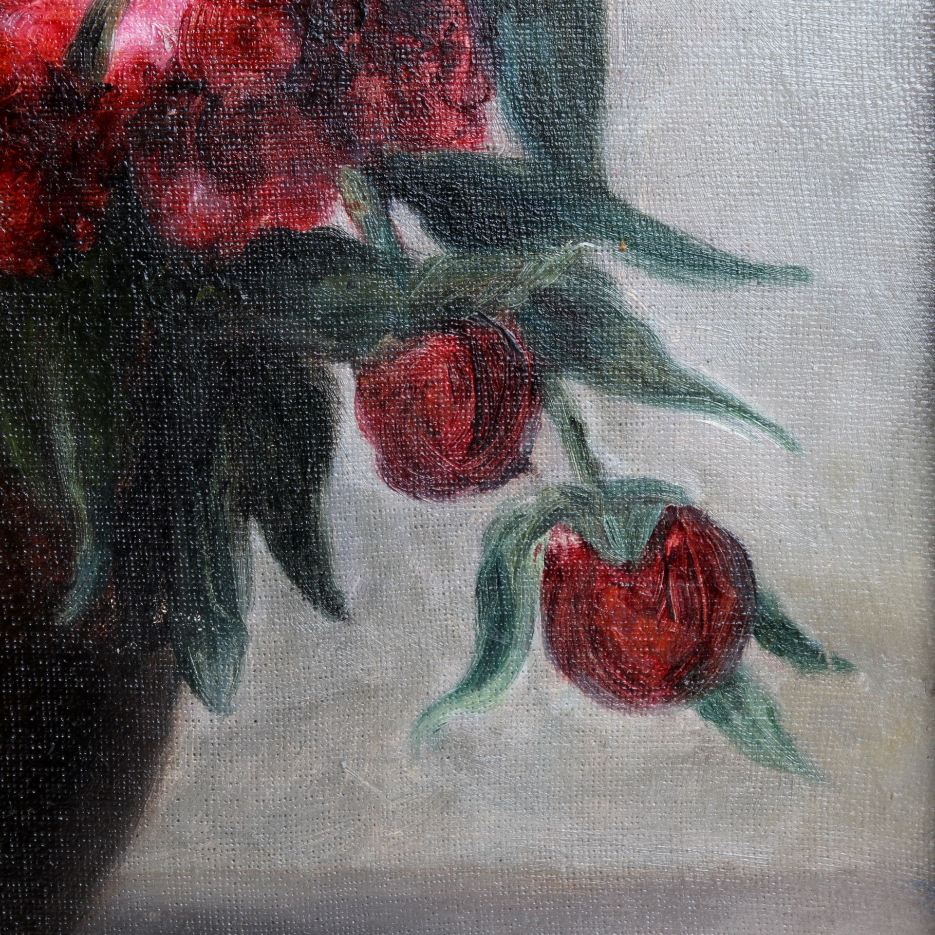 ROUGERON, J. (französ. Künstler/in 2. Hälfte 20. Jh.), "Pfingstrosen und Tulpen in brauner - Image 6 of 7