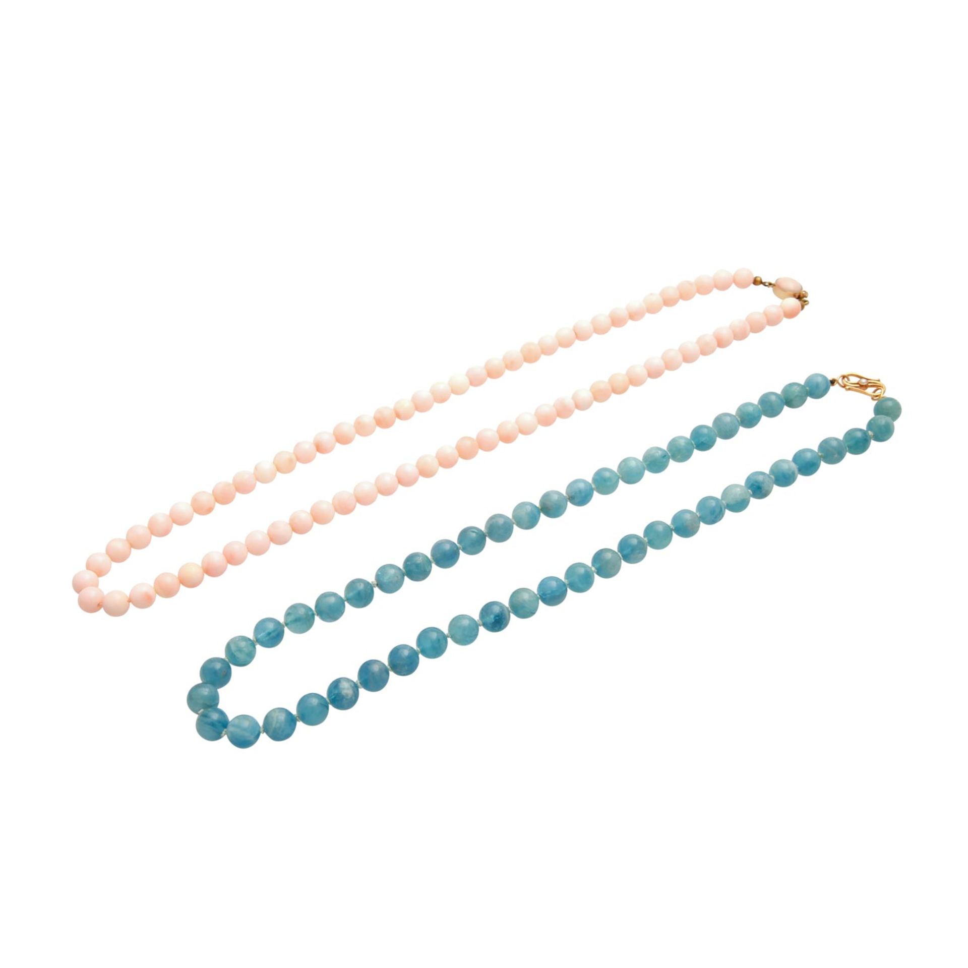 Konvolut aus 2 Kugelketten,1x Aquamarine, D. ca. 8,5mm, L: 49 cm mit handgearbeitetem S-Haken,