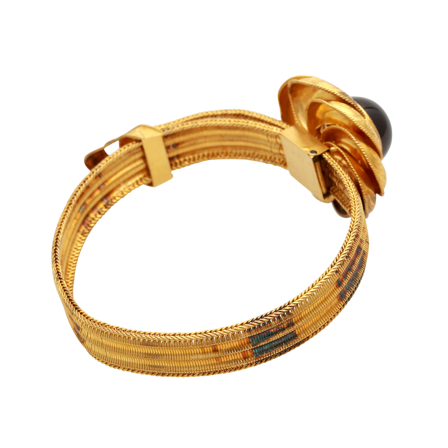 Biedermeier Armreif mit 1 Granatcabochonca. 15 mm, leicht flexibles Band, blütenförmiger, - Image 3 of 5