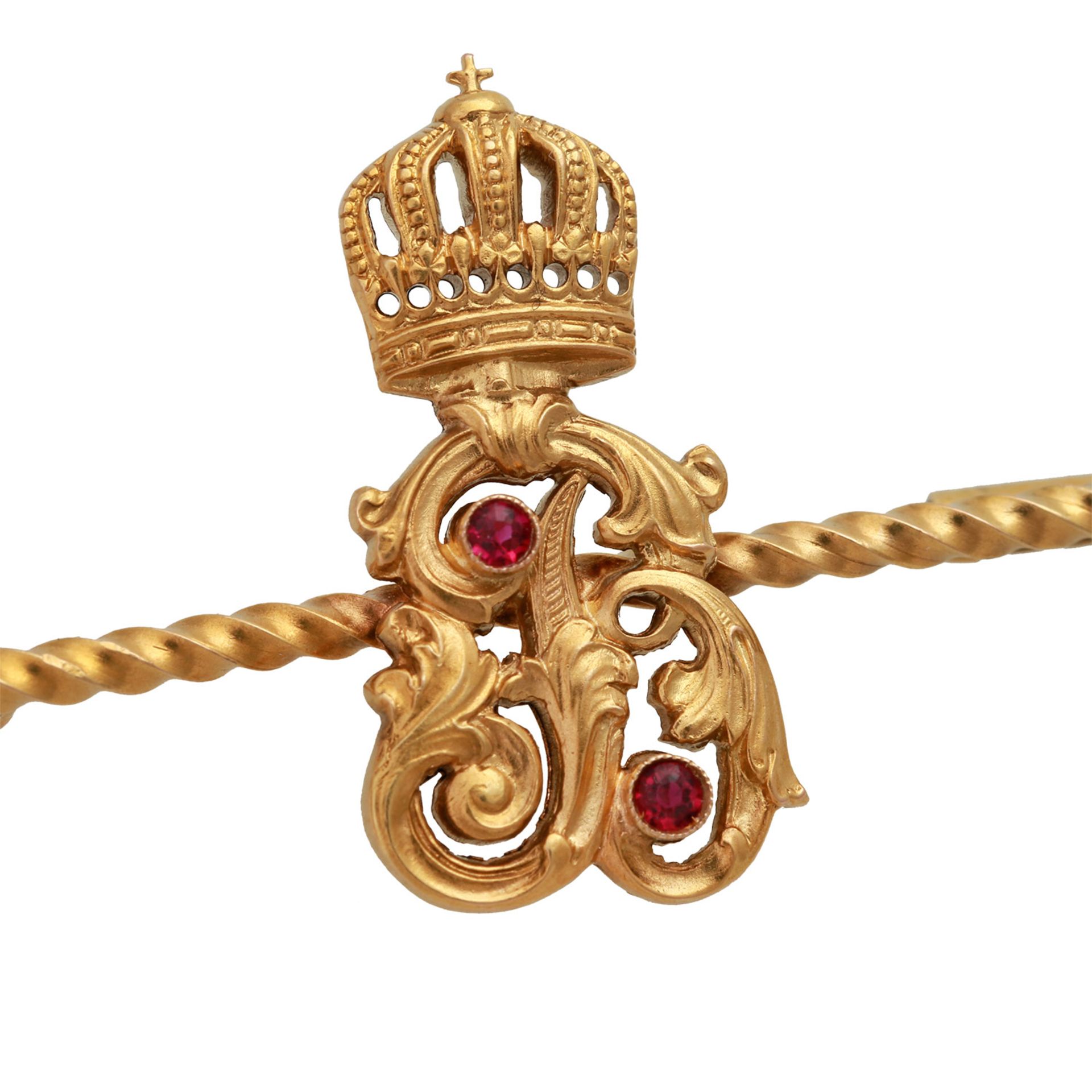 Anerkennungsbrosche mit bekröntem Monogrammin GG 14K, fein feuervergoldet, gekordelte Stabnadel - Image 4 of 6