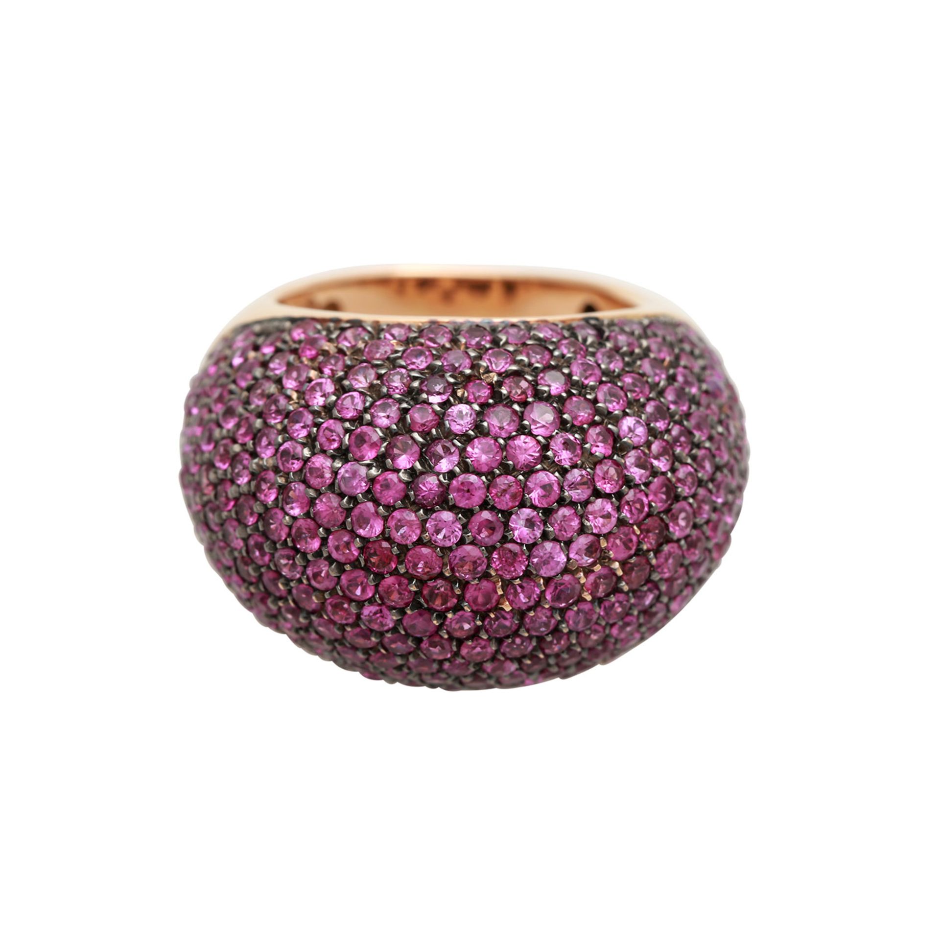 Ring, komplett ausgefasst mit Rubinen,Roségold ca. 700/-, Schauseite rutheniert, RW 54, hoch