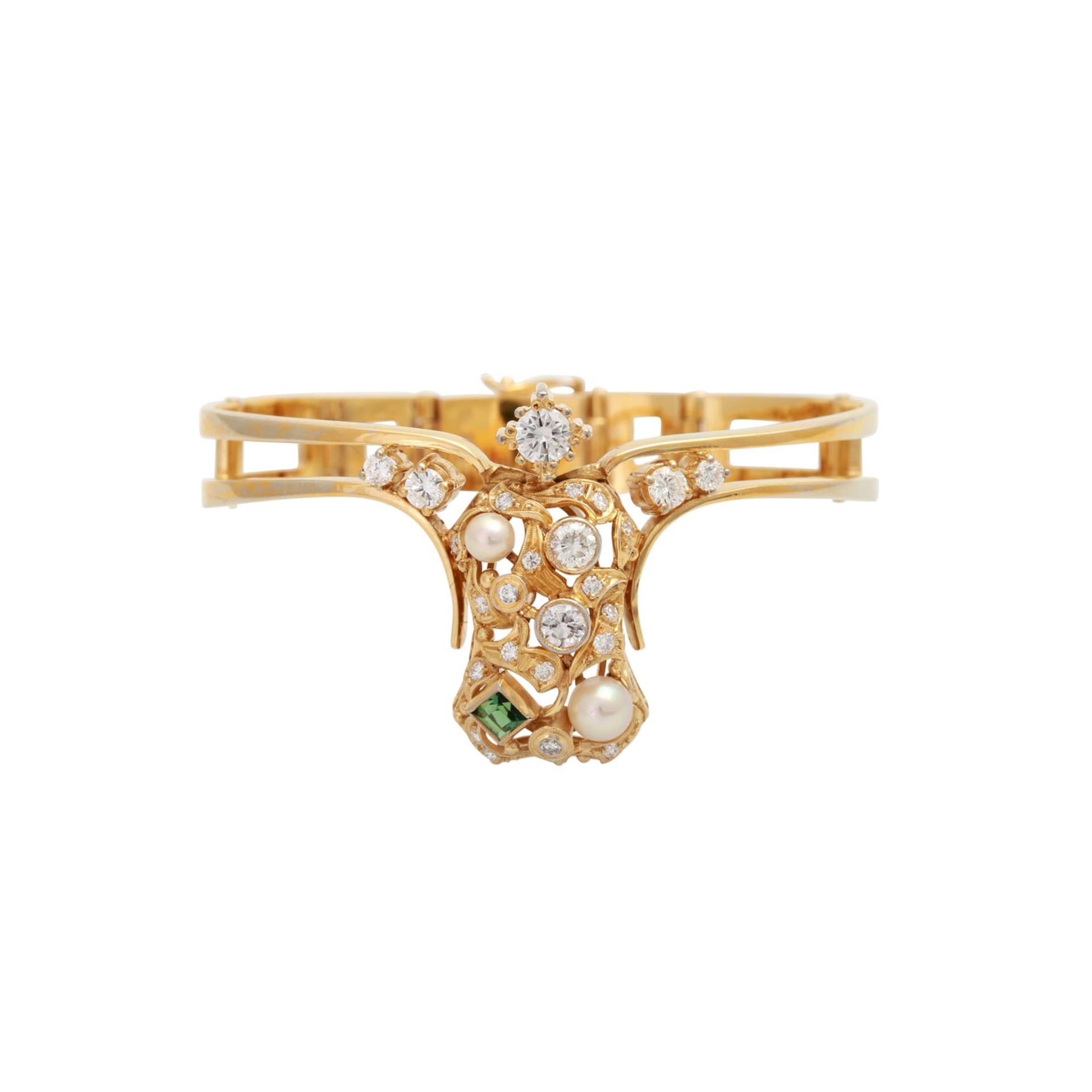 Armspange bes. mit Brillanten und Diamanten, zus. ca. 1,2 ct,LGW ( I - J ) / VS, 1 Zuchtperle und