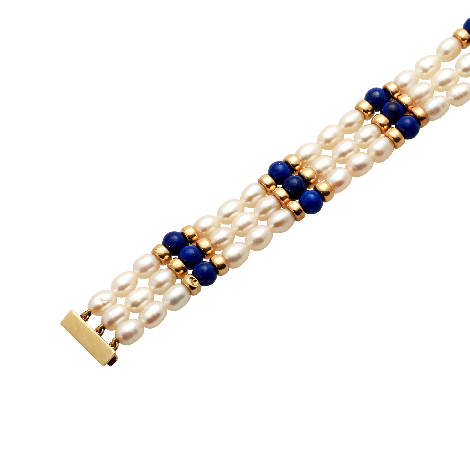 Armband aus Zuchtperlen, Lapislazuliperlenund Goldrondellen, GG 14K, L: 18,5 cm, 3-reihig B: 1,5 cm, - Image 4 of 4